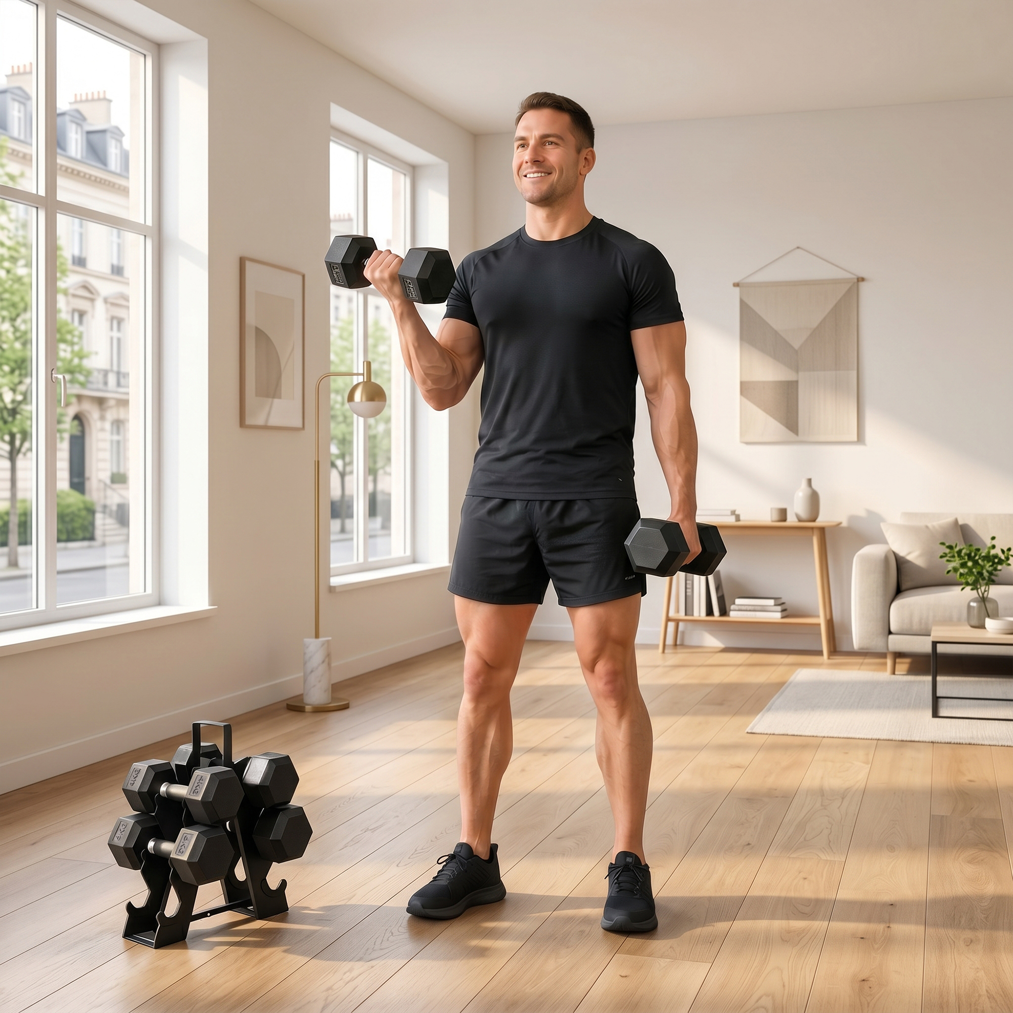 Un hombre con camiseta y shorts negros levanta pesas en una habitación luminosa.