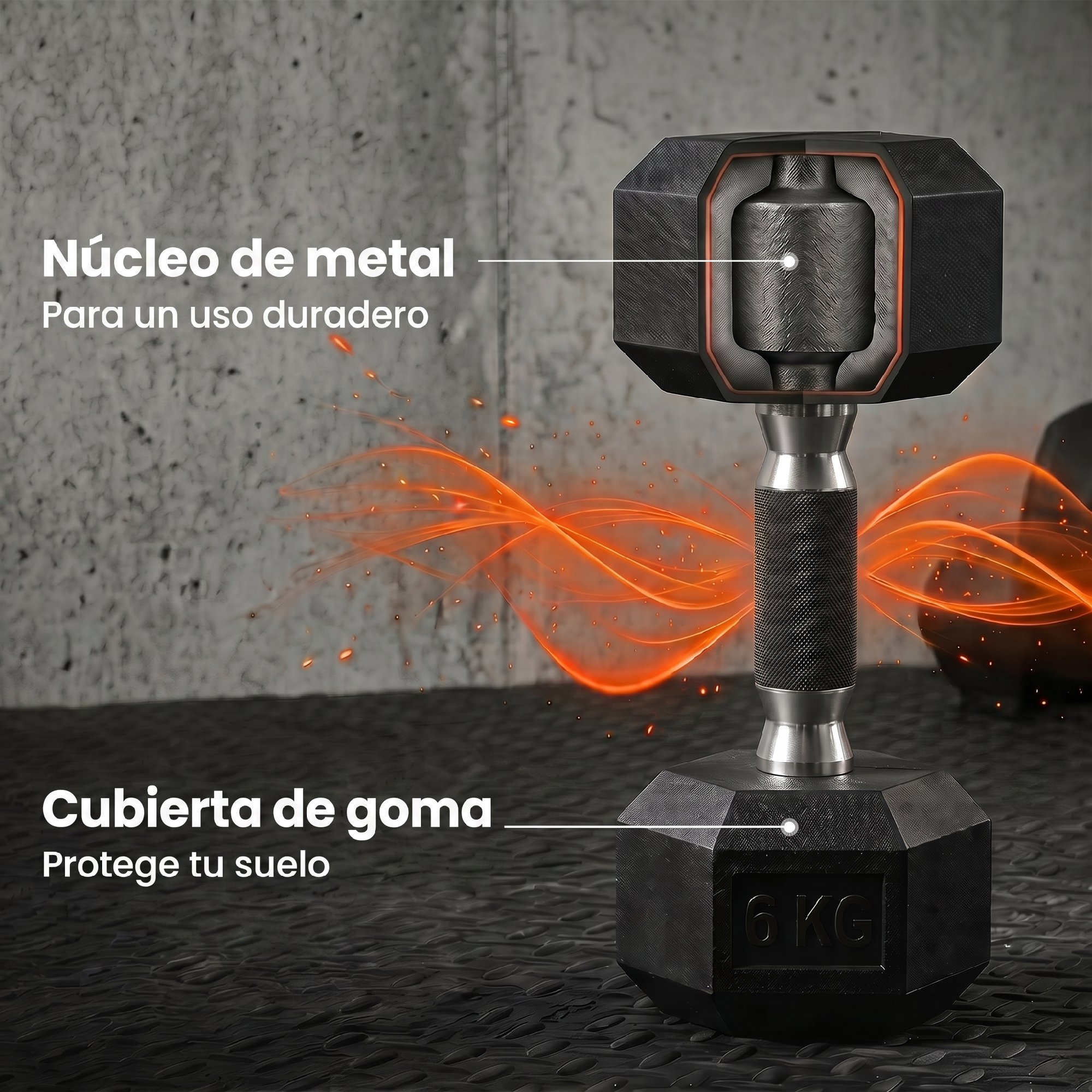 Una mancuerna de 6 kg con núcleo de metal y revestimiento de goma en el suelo.