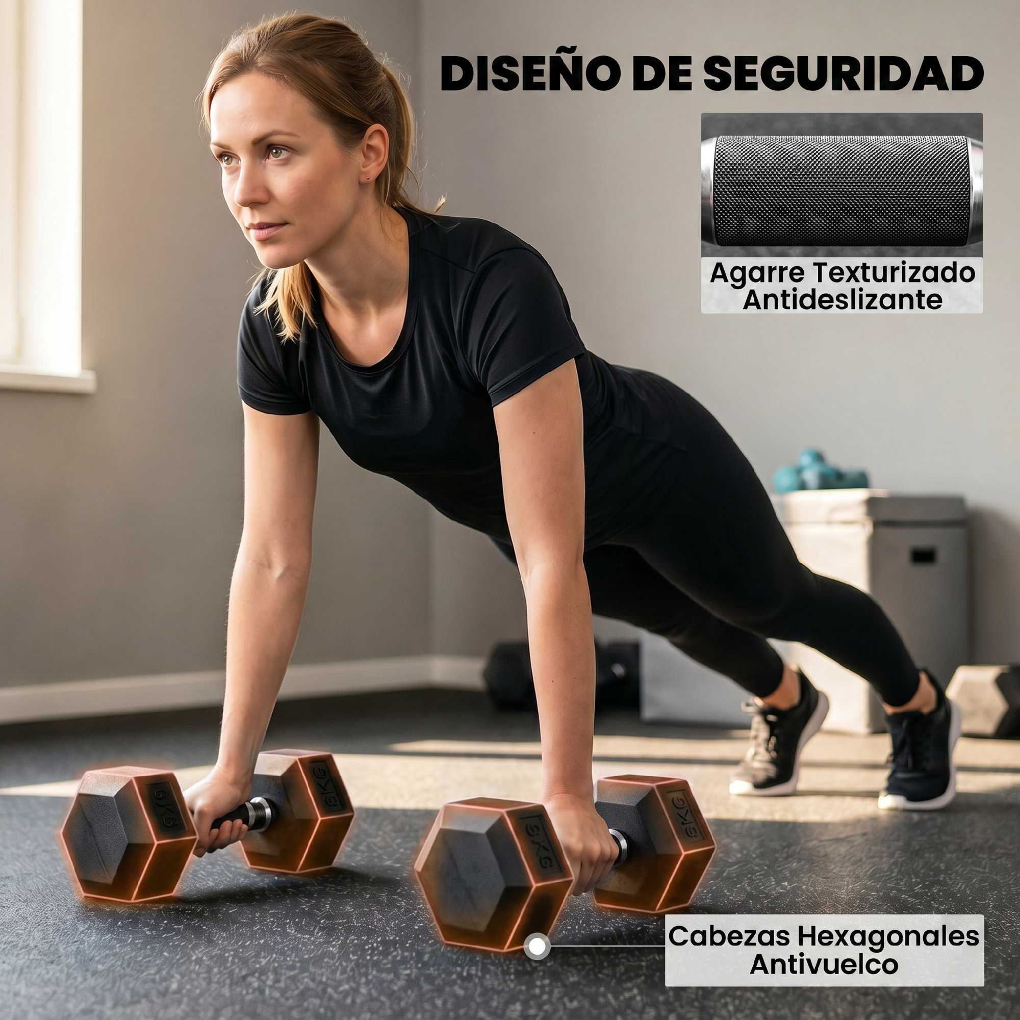 Una mujer de negro hace una plancha con mancuernas.