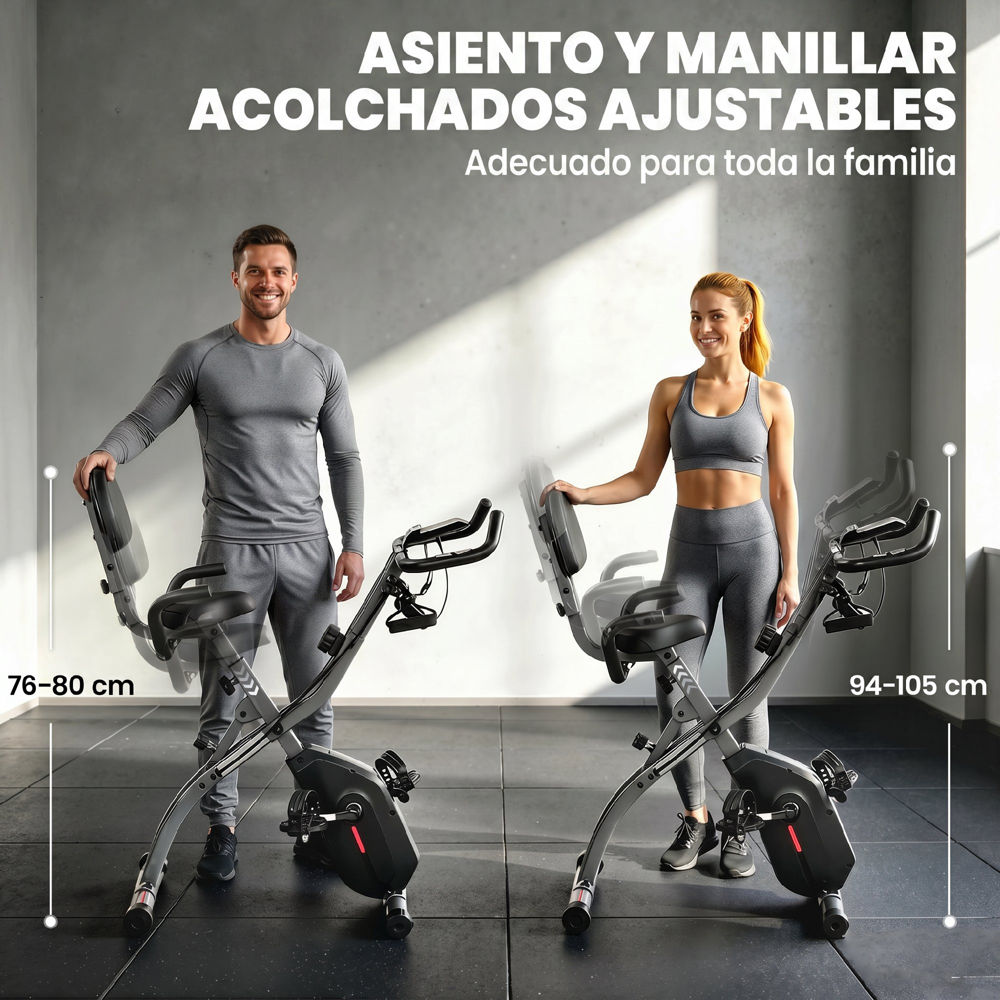 Hombre y mujer junto a bicicletas estáticas; se muestran medidas de altura.