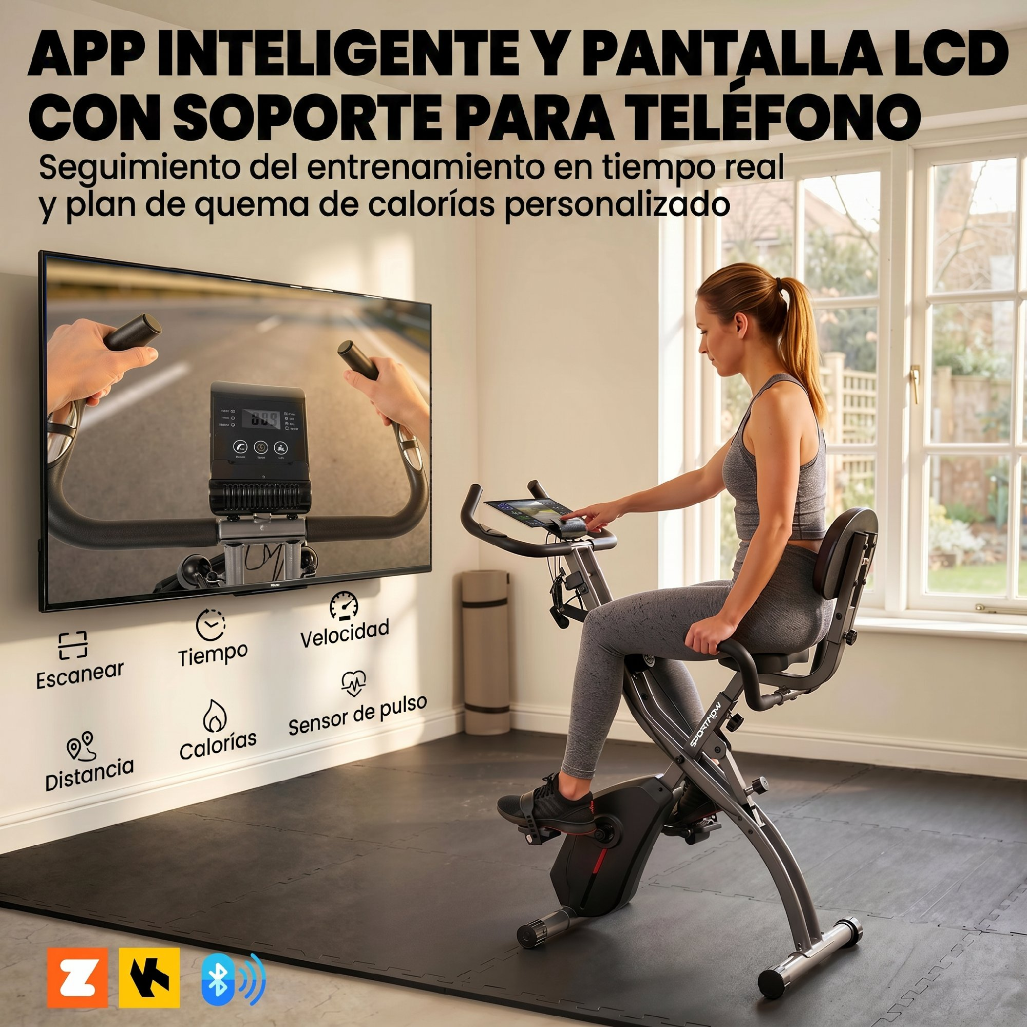Mujer en bicicleta estática frente a pantalla grande mostrando datos de entrenamiento.