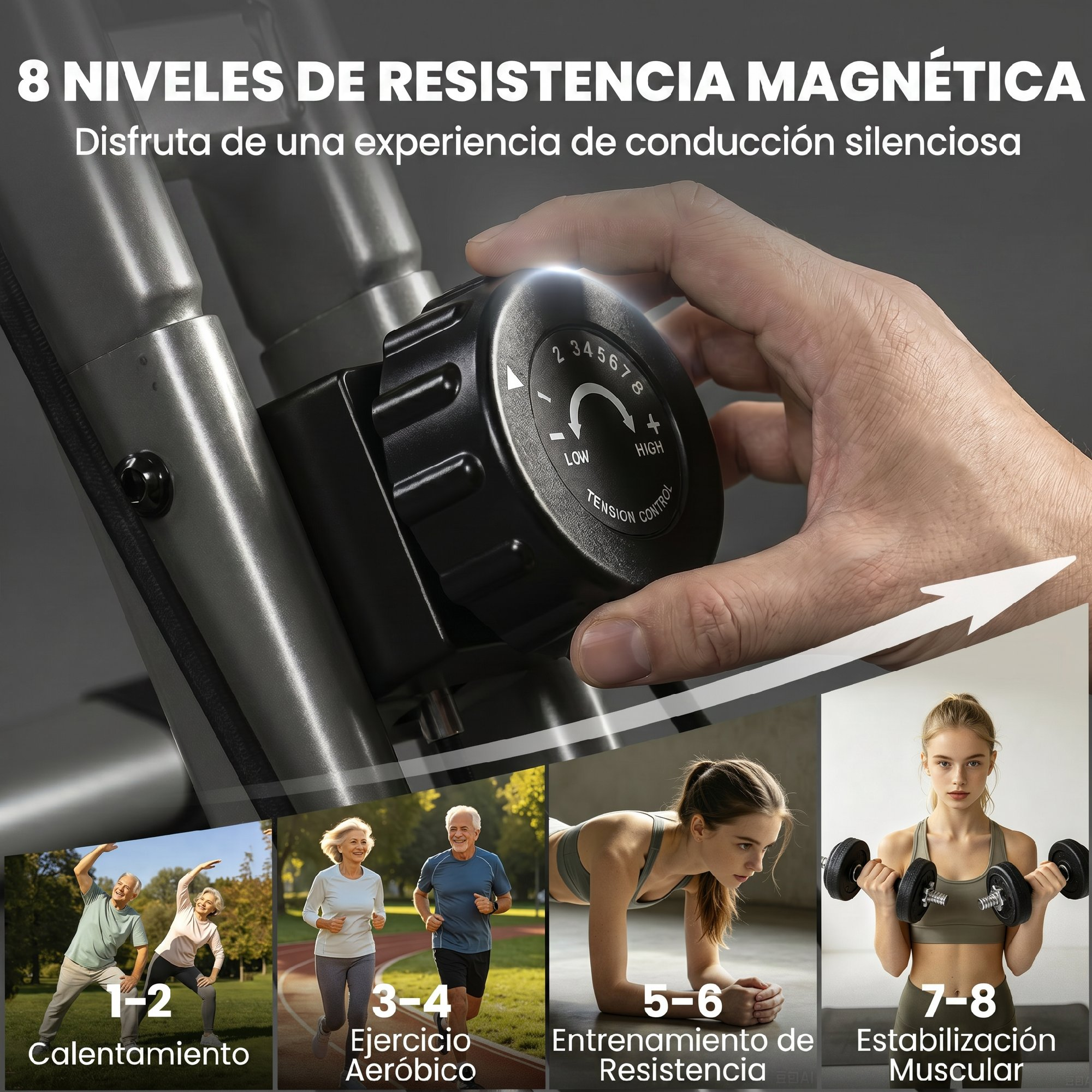 Mano ajusta dial; cuatro escenas: estiramiento, correr, plancha, pesas.
