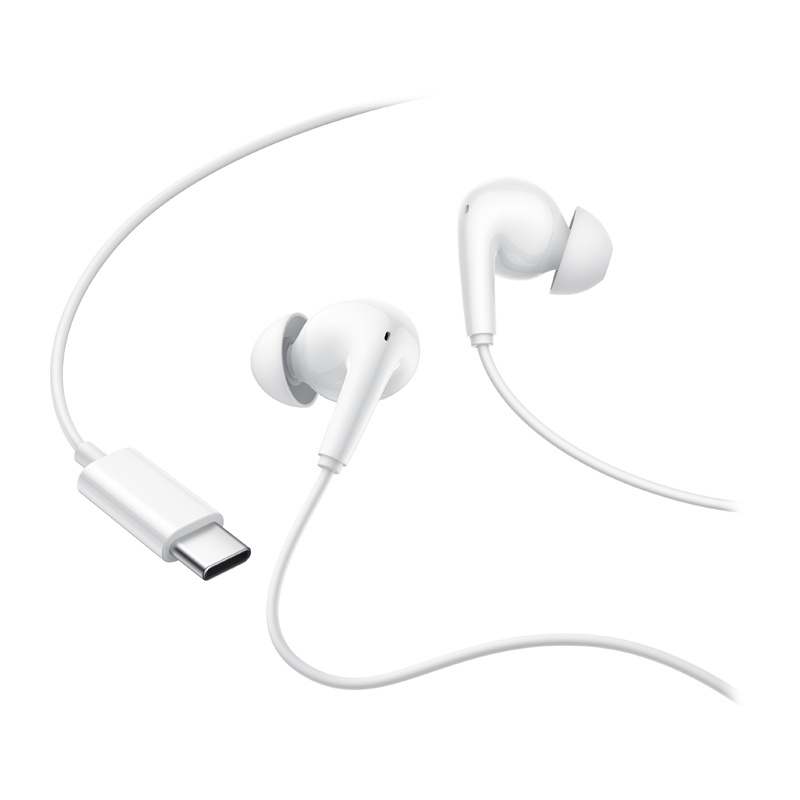 Białe słuchawki ze złączem USB-C, na białym tle.