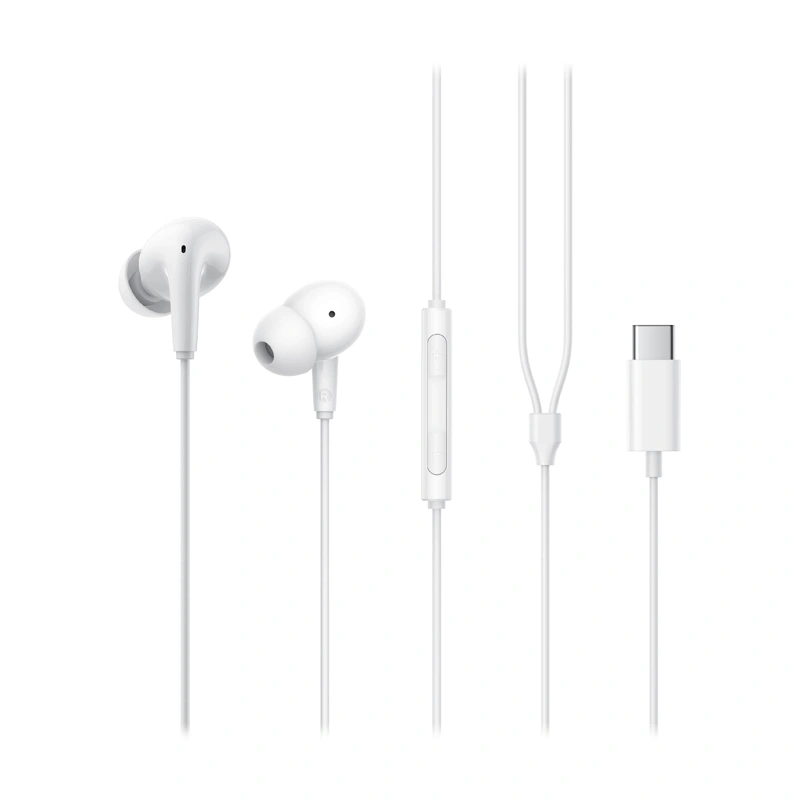 Białe słuchawki z złączem USB-C i sterowaniem inline na białym tle.