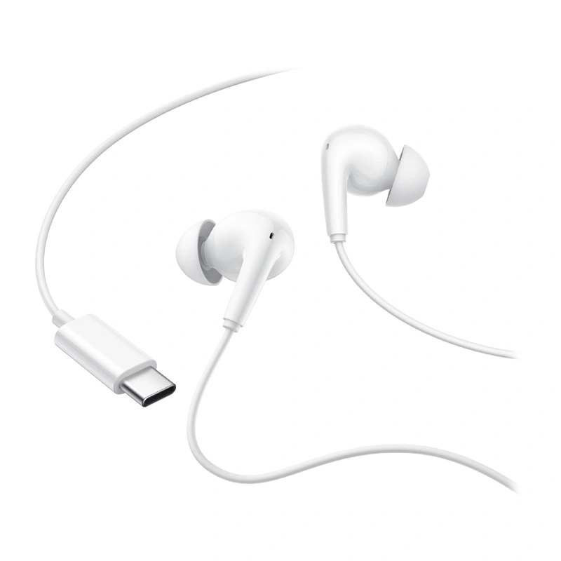 Białe słuchawki USB-C o minimalistycznym designie, na białym tle.