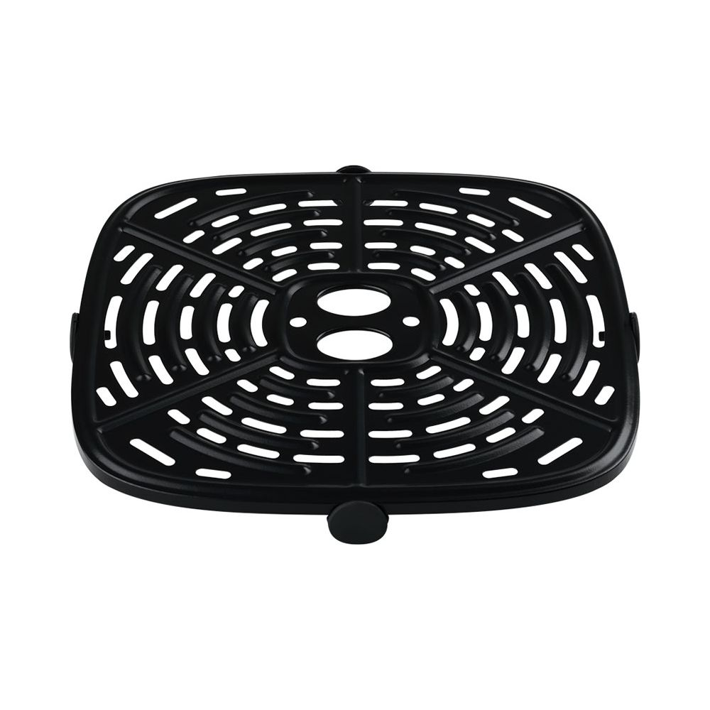 Un panier carré noir pour friteuse à air avec une base perforée et des poignées.