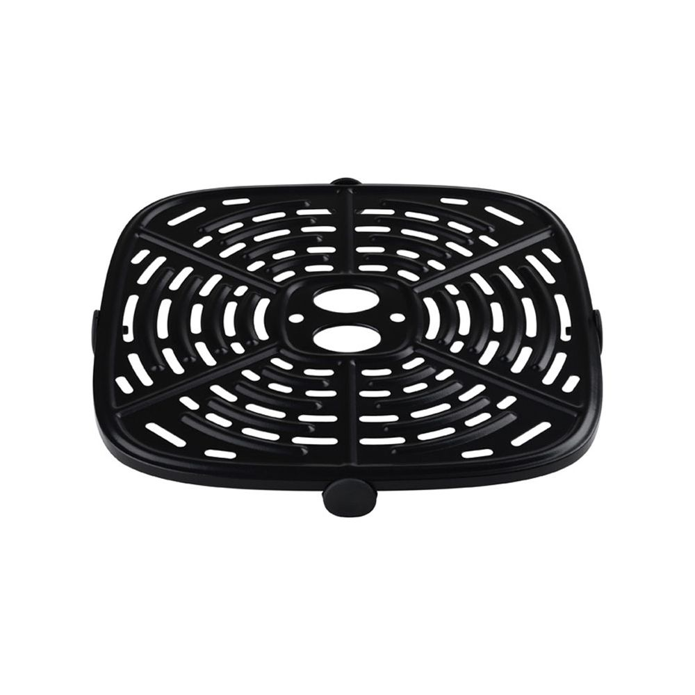 Panier noir et rond pour friteuse à air avec fentes et une poignée.