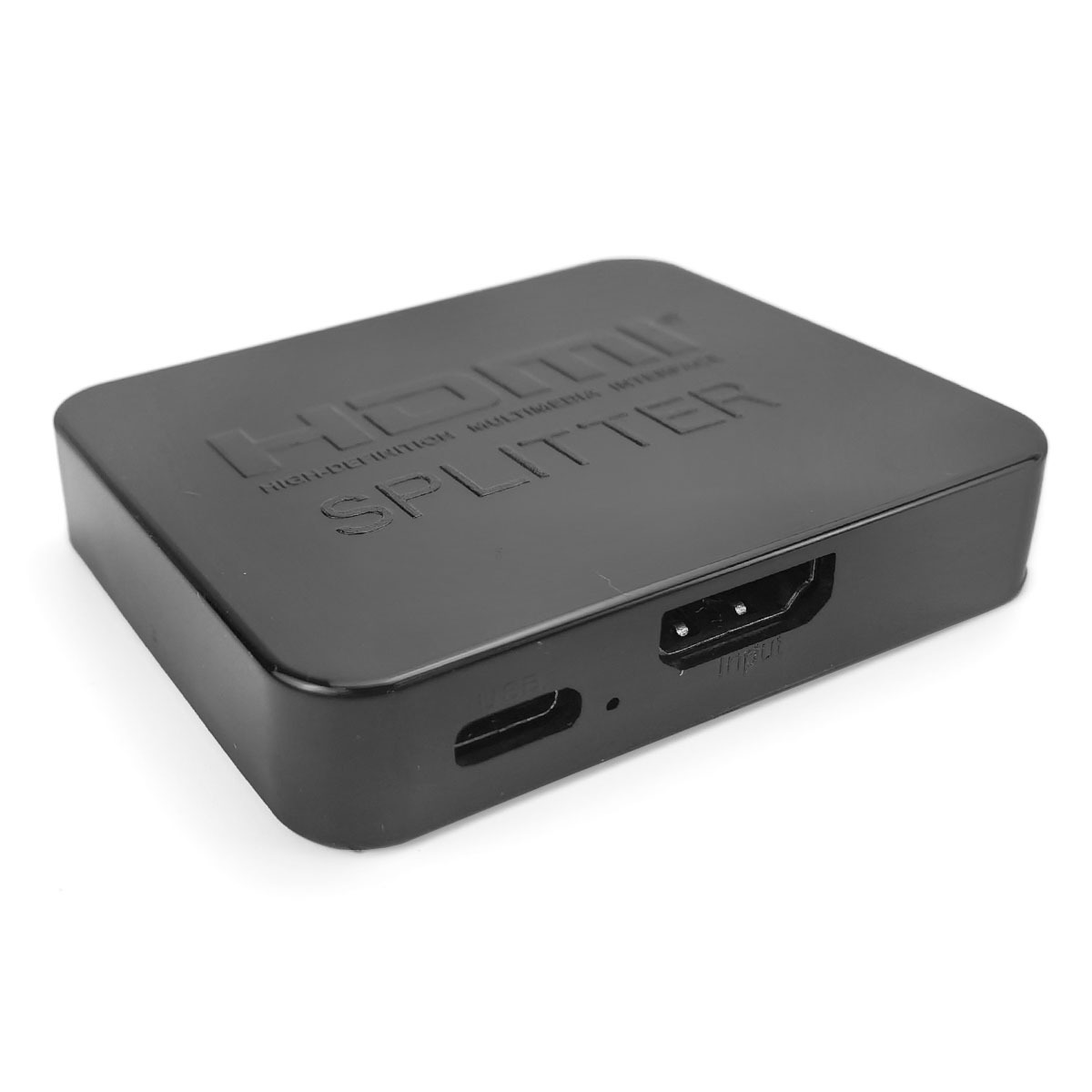 Schwarzer HDMI-Splitter mit Anschlüssen und Beschriftung 'Input' auf weißem Hintergrund.