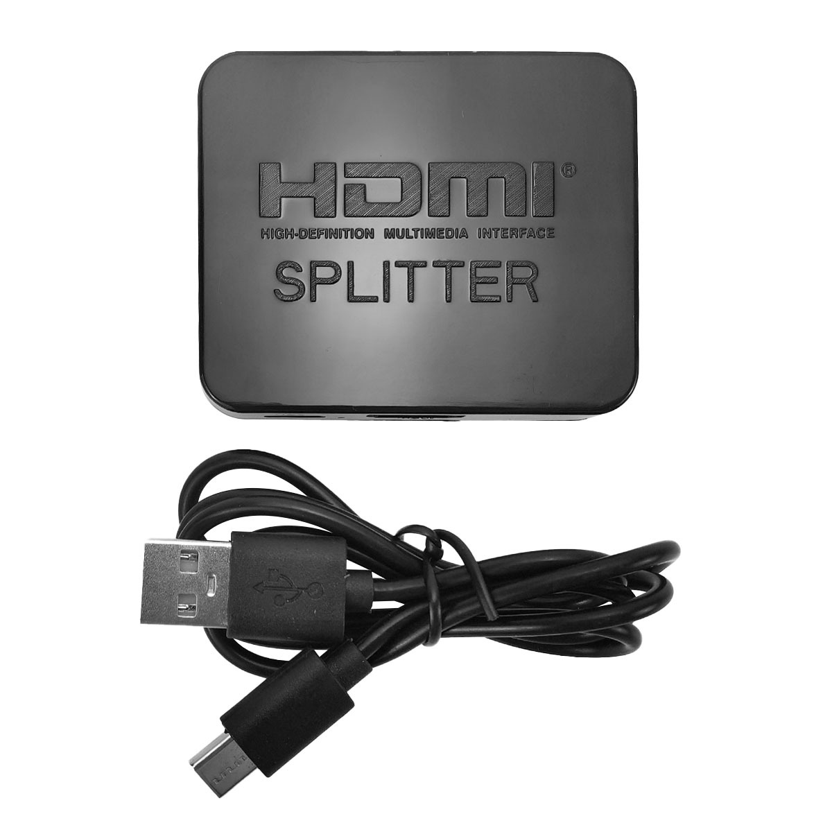 Ein schwarzer HDMI-Splitter mit einem USB-zu-Micro-USB-Kabel.