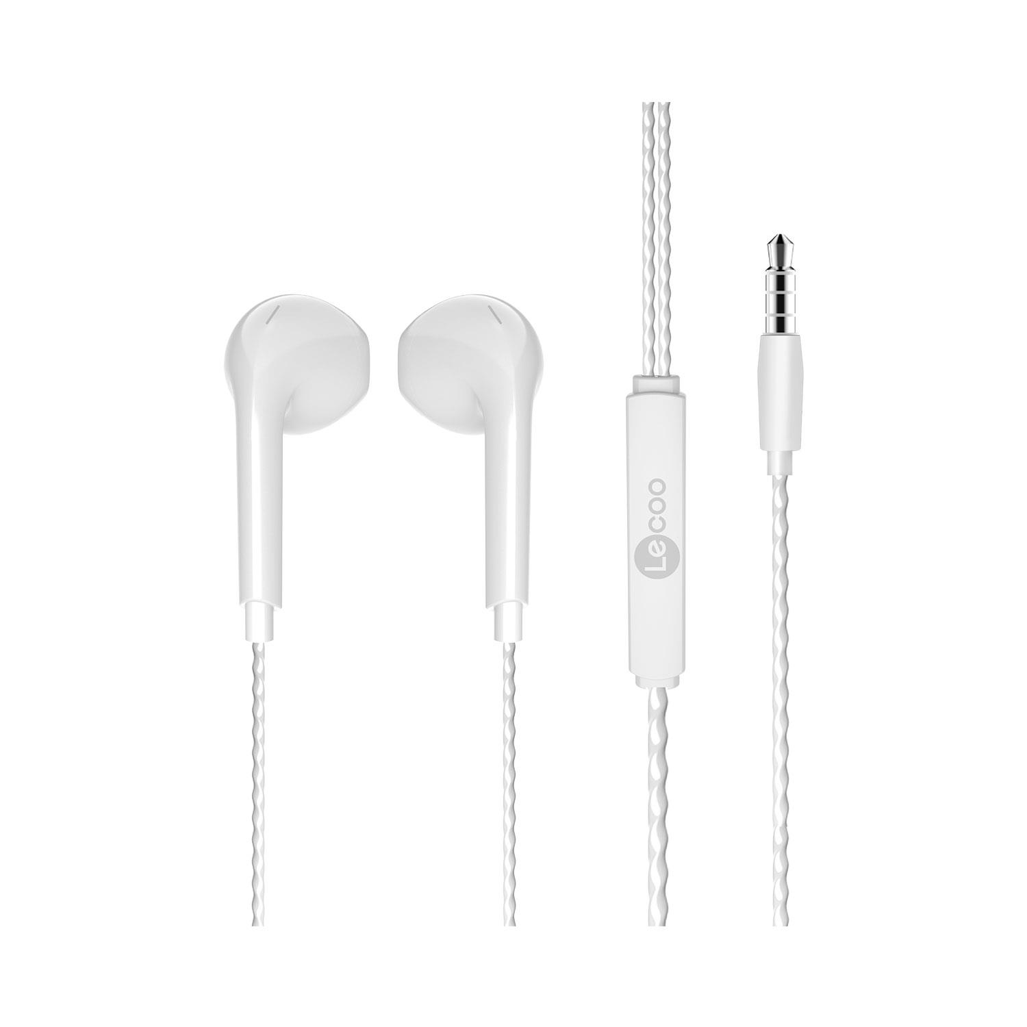 Kablolu, mikrofonlu ve 3,5 mm jaklı beyaz kulaklıklar.