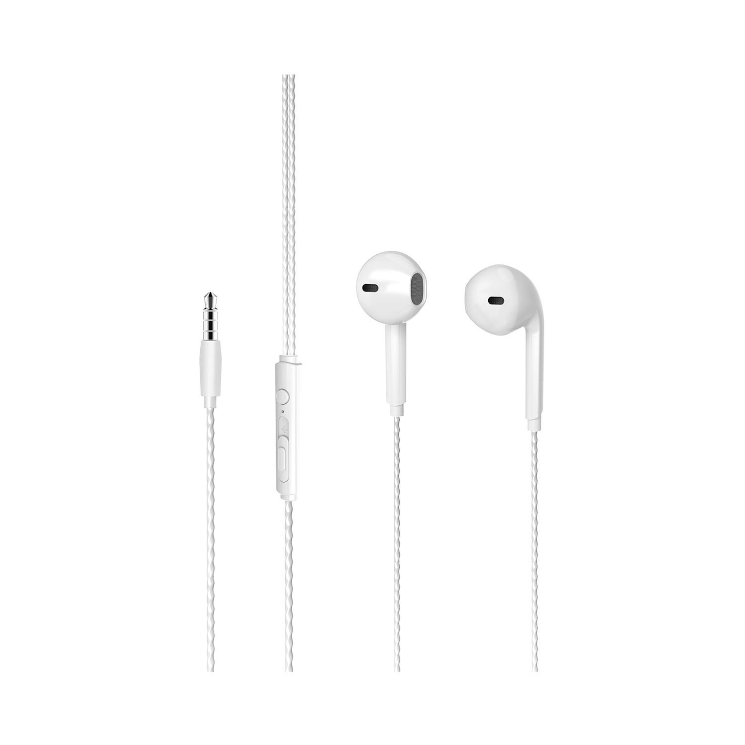 Uzaktan kumandalı ve 3,5 mm jaklı beyaz kulak içi kulaklıklar.