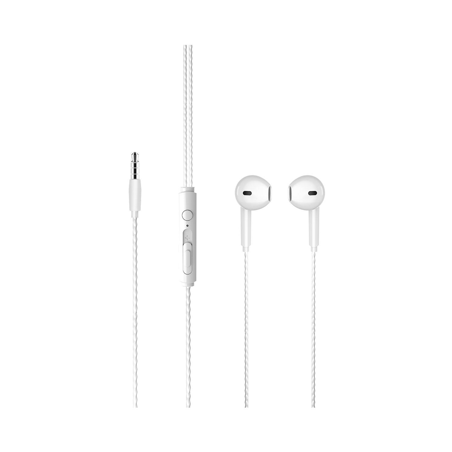 Mikrofonlu beyaz kulak içi kulaklık ve 3,5 mm jak.