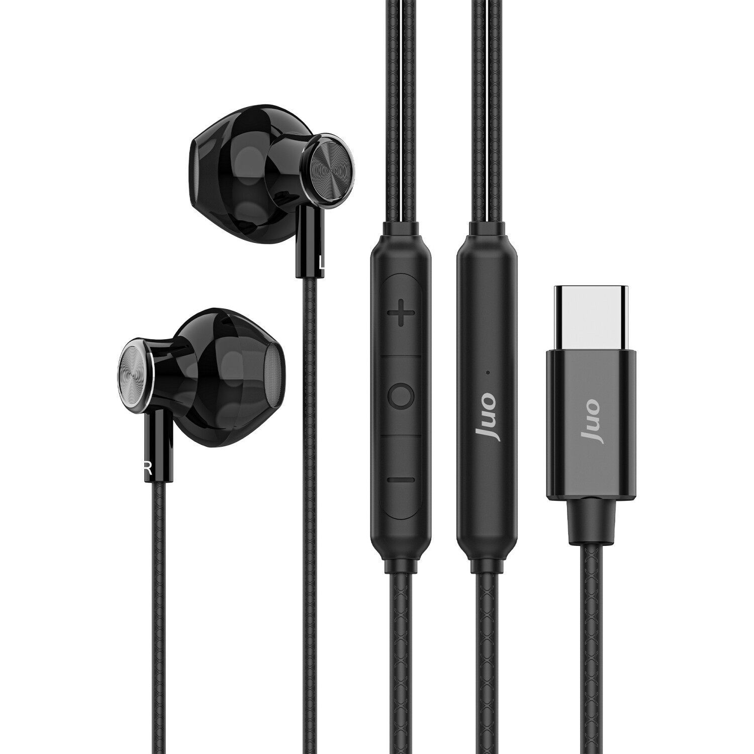 USB-C konektörlü, kumandalı ve 'Juo' logolu siyah kablolu kulaklıklar.
