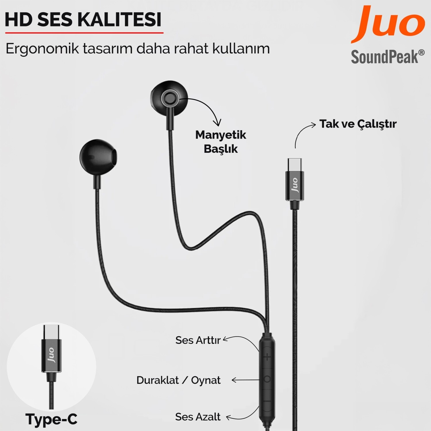 Type-C konnektörlü, ses ayarlı, manyetik uçlu siyah kulaklıklar.