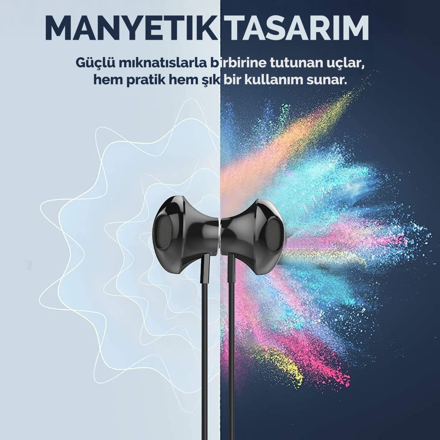 Renkli toz patlamasına karşı manyetik tasarımlı siyah kulaklıklar.
