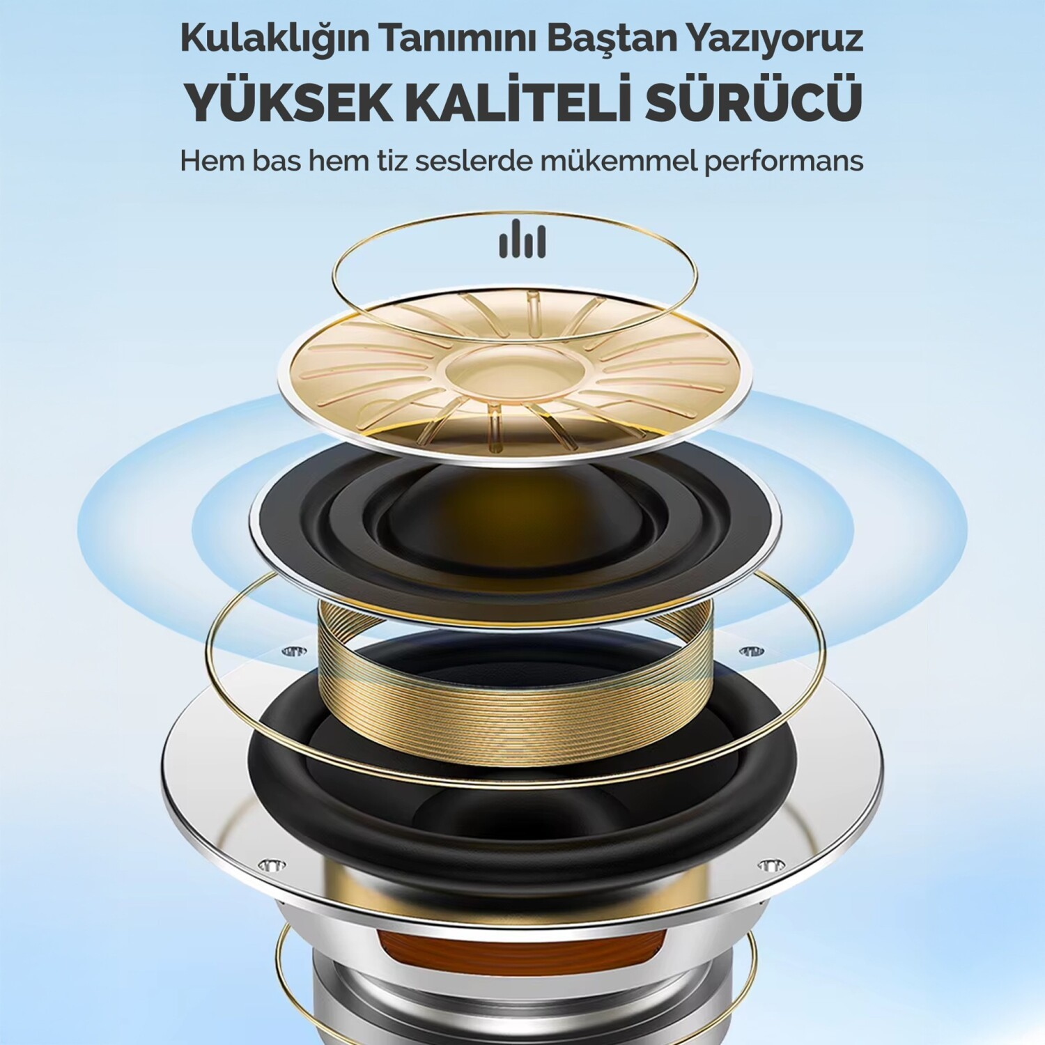 Altın bobinli ve siyah diyaframlı hoparlörün patlatılmış görünümü.