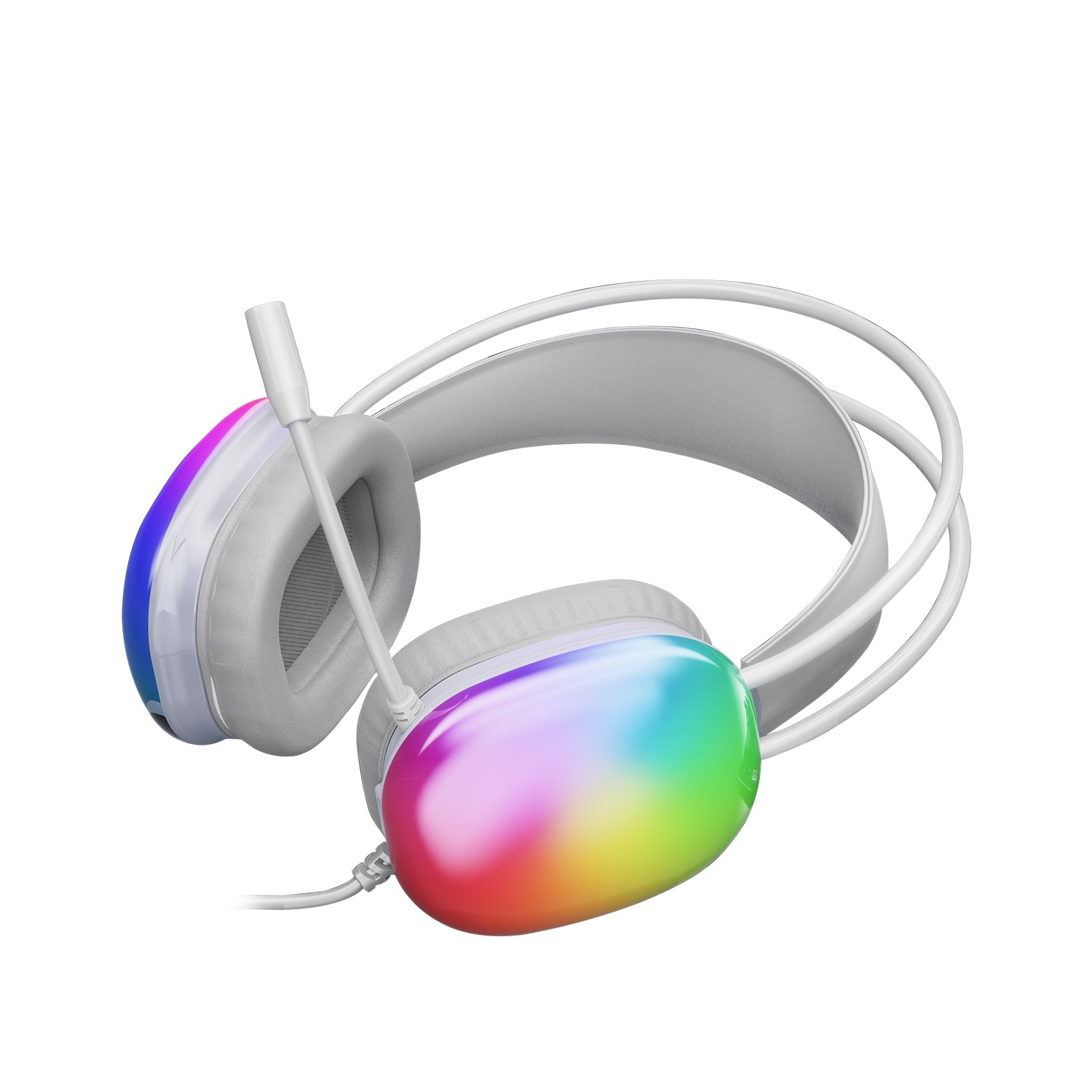 Mikrofonlu beyaz kulaklık ve kulak yastıklarında renkli RGB aydınlatma.