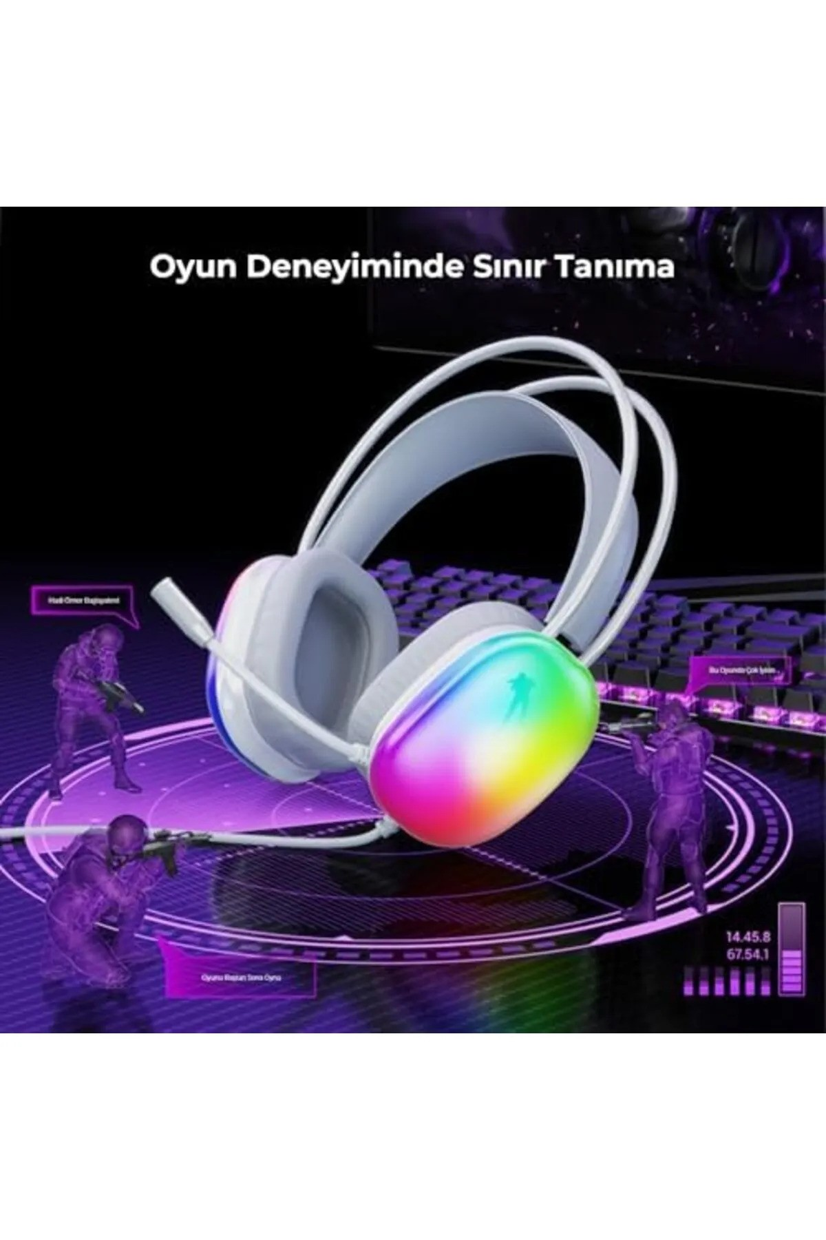 RGB aydınlatmalı beyaz kulaklık, mor oyuncu figürleri ve klavye ile çevrili.