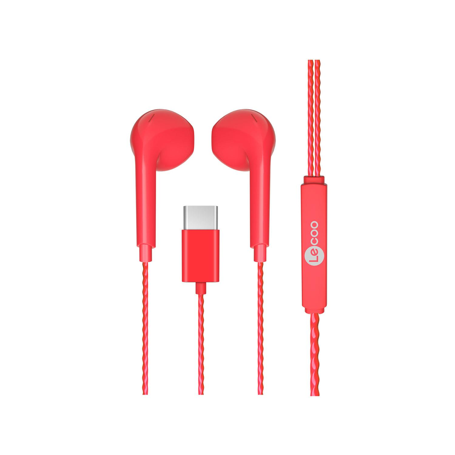 USB-C konnektörlü ve kumandalı kablolu kırmızı kulaklıklar.