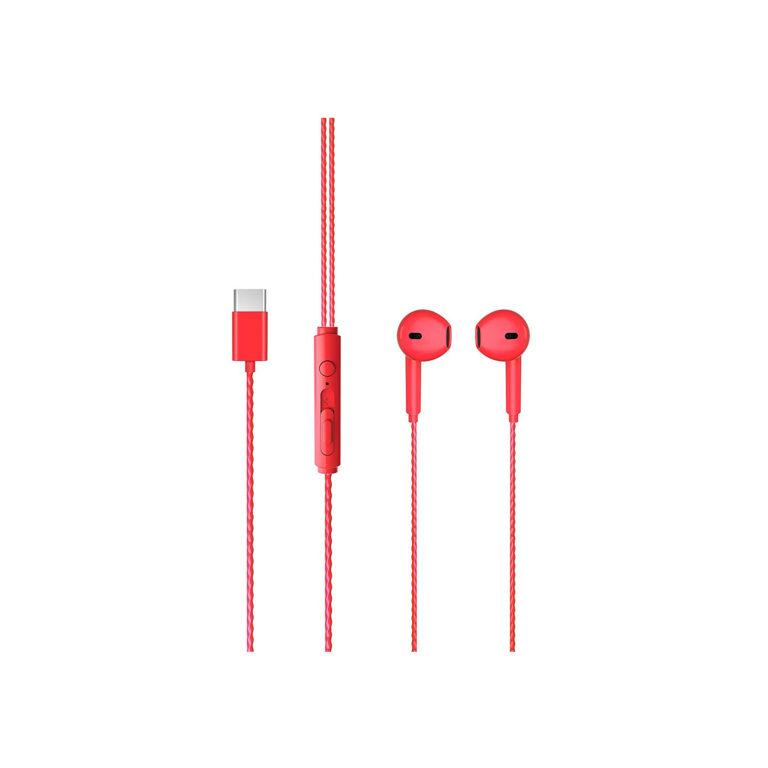 USB-C konnektörlü ve ses ayar düğmeli kırmızı kulaklık.