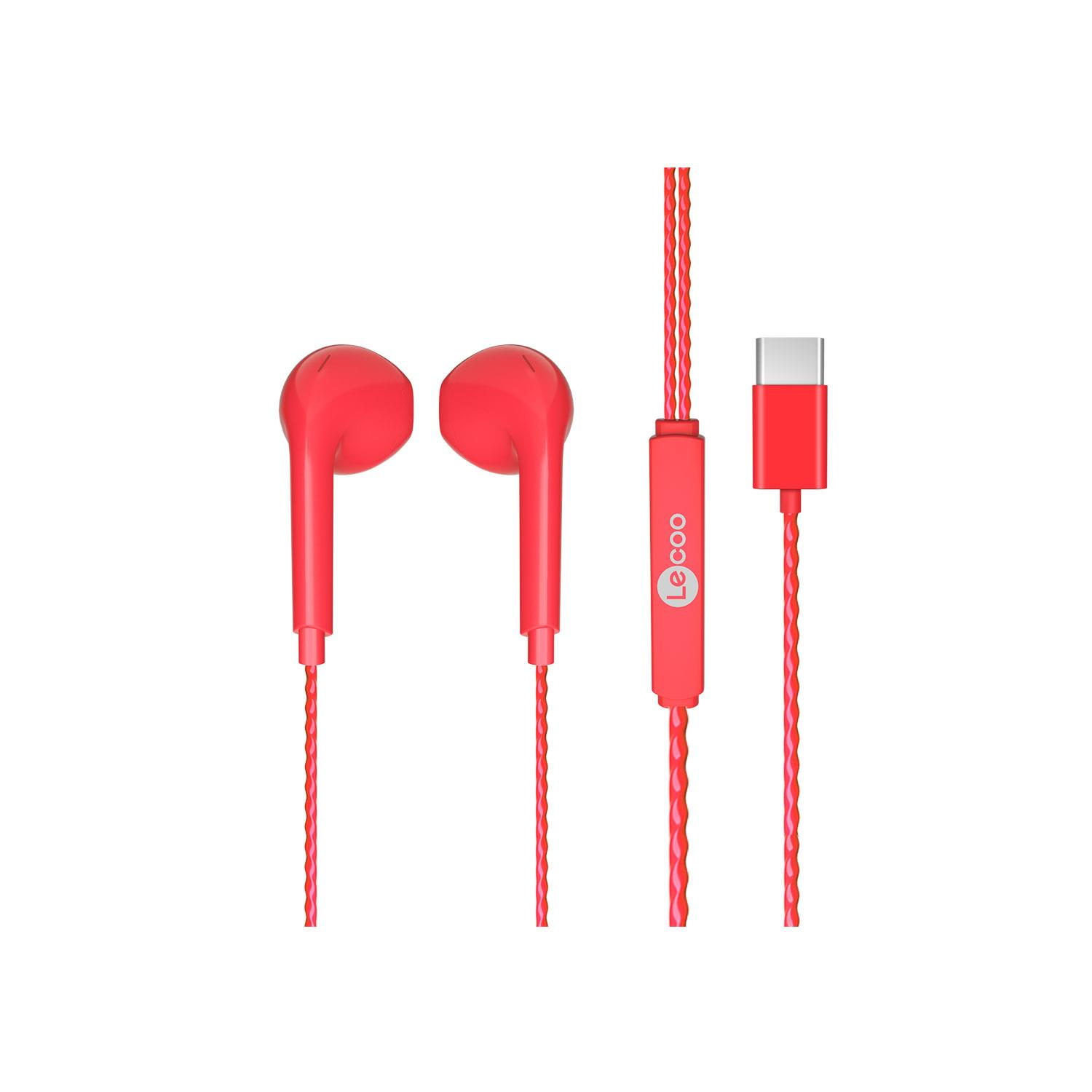 Kırmızı USB-C konnektörlü ve kırmızı kablolu kulak içi kulaklık.