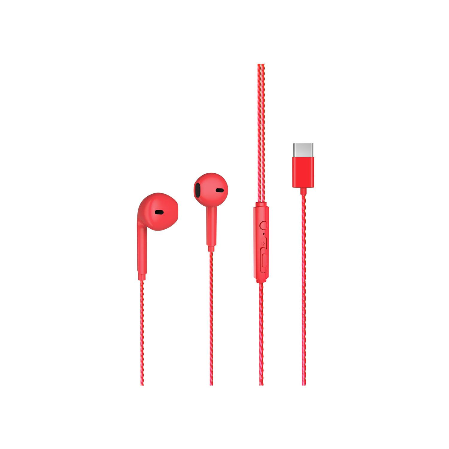 USB-C konnektörlü ve kumandalı kırmızı kulaklıklar.