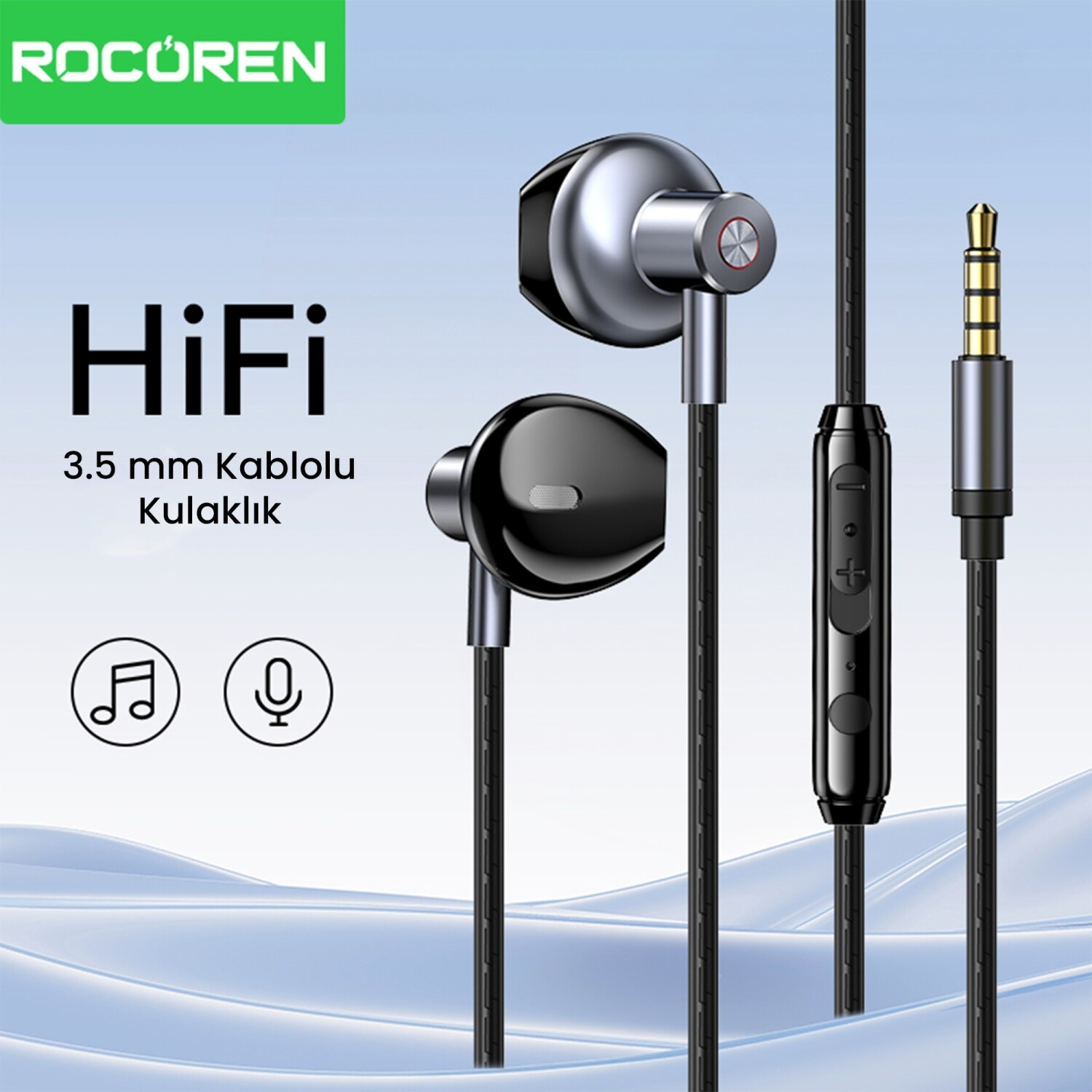 ROCOREN HiFi 3,5 mm kablolu kulaklık, müzik ve mikrofon simgeleri.