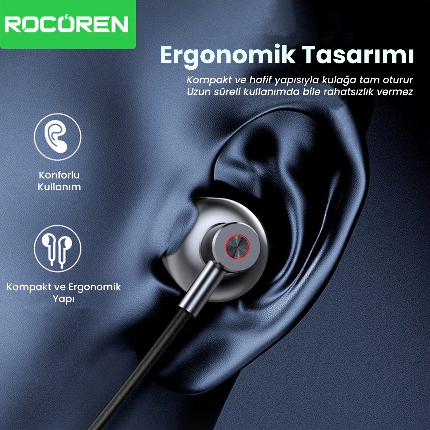 Ergonomik tasarımdan bahseden metinle, kulağa yerleştirilmiş kulaklık.