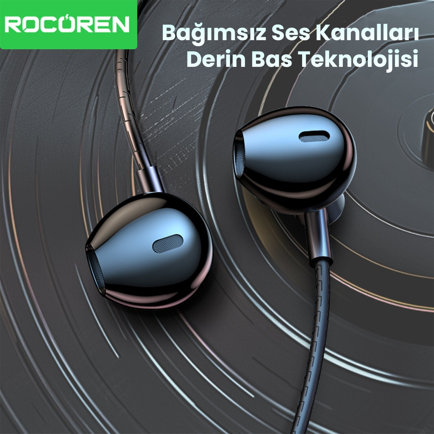 Turkuaz arka plan üzerinde ROCUREN logolu iki parlak siyah kulaklık.