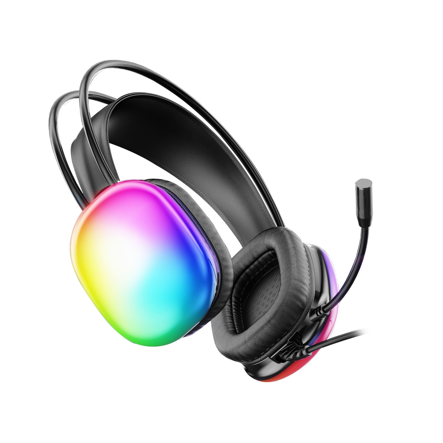 Kulaklıklarda RGB aydınlatmalı siyah kulaklık ve mikrofon.
