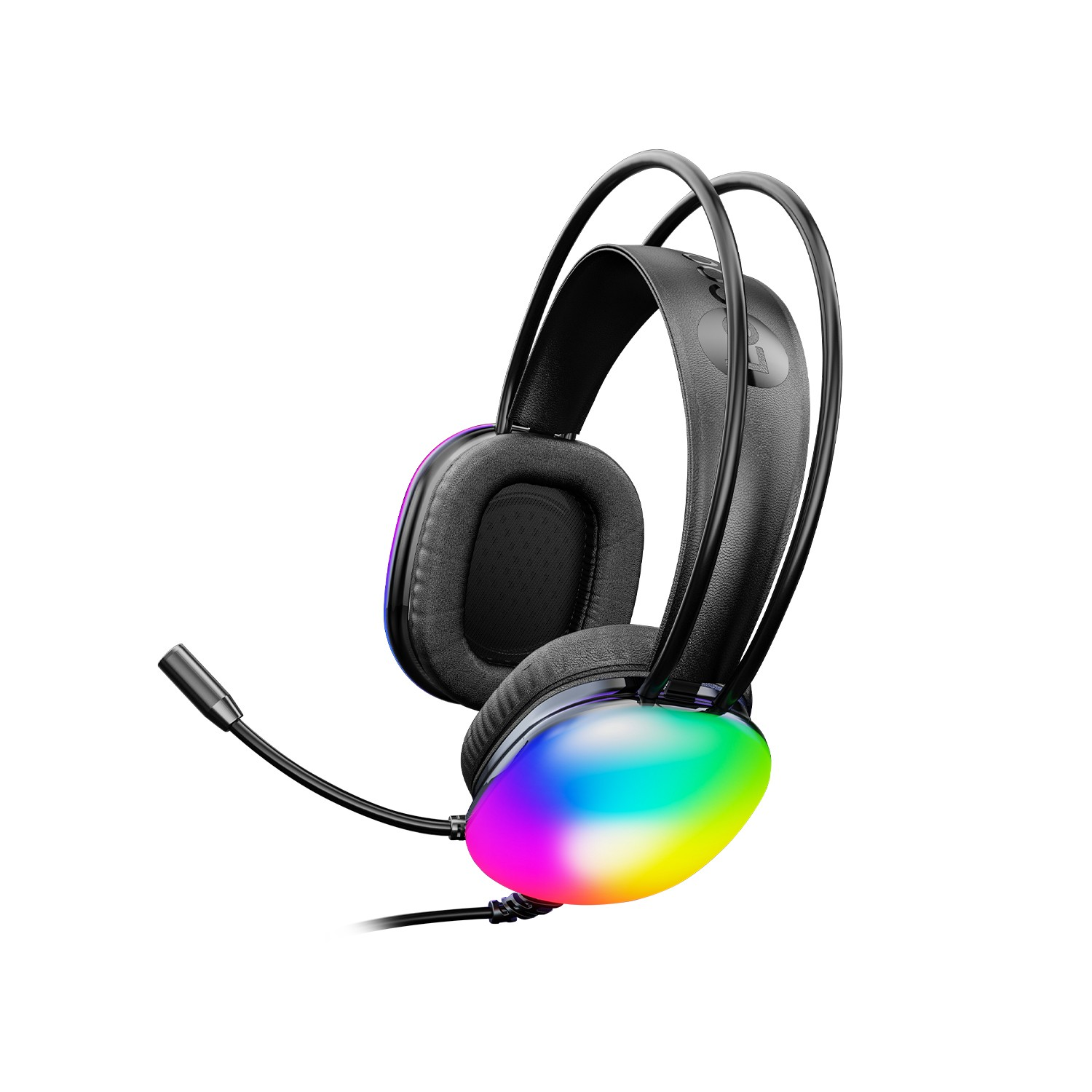 Mikrofonlu ve RGB aydınlatmalı siyah oyuncu kulaklığı.
