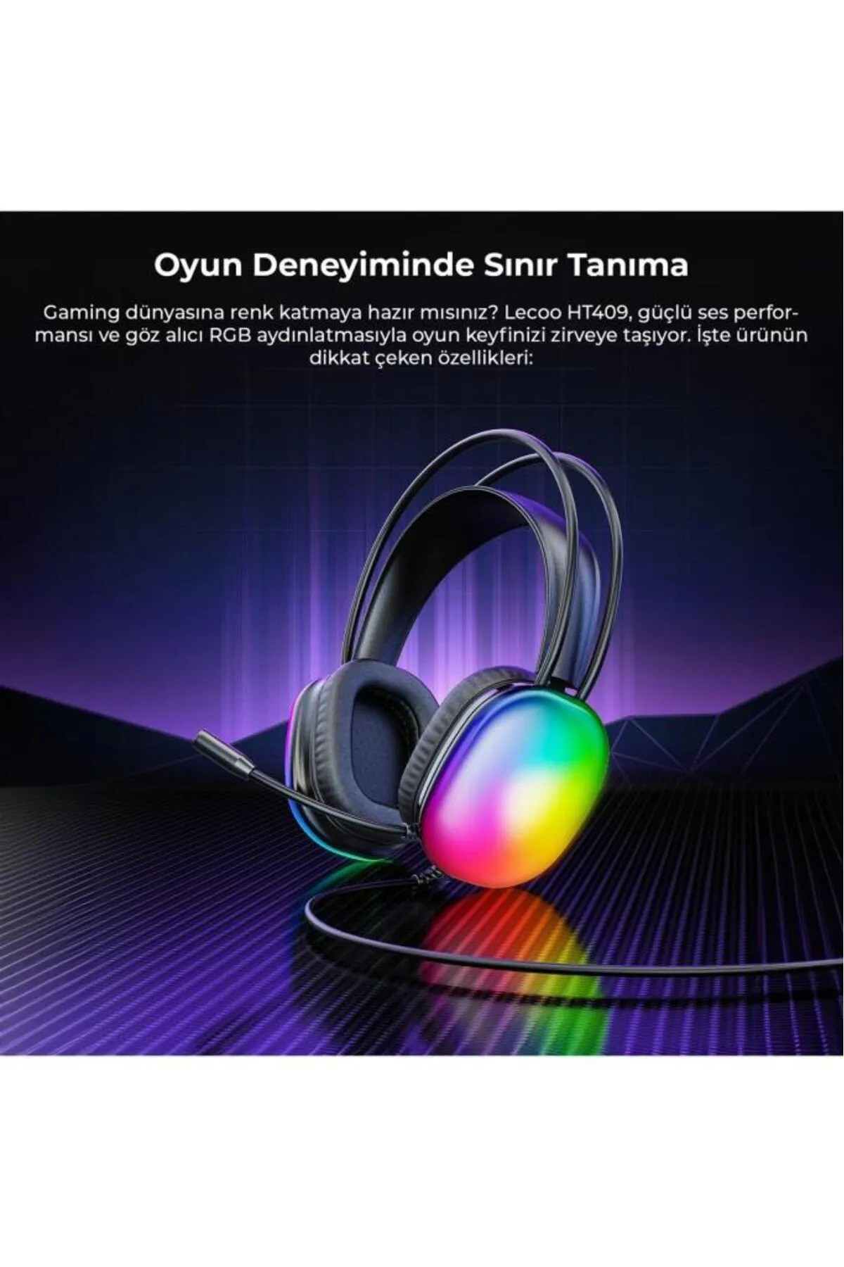 Mikrofonlu ve renkli RGB aydınlatmalı siyah oyuncu kulaklığı.