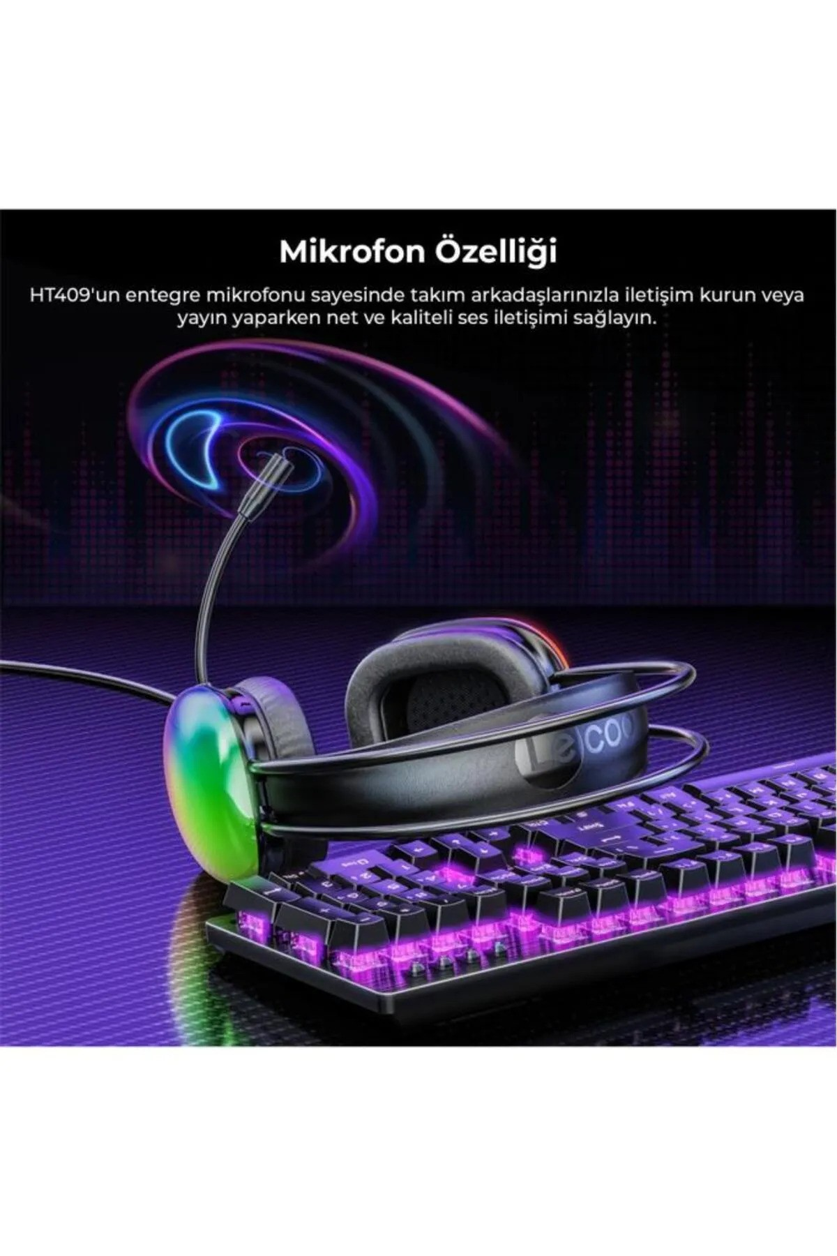Mikrofonlu kulaklık ve mor aydınlatmalı klavye.
