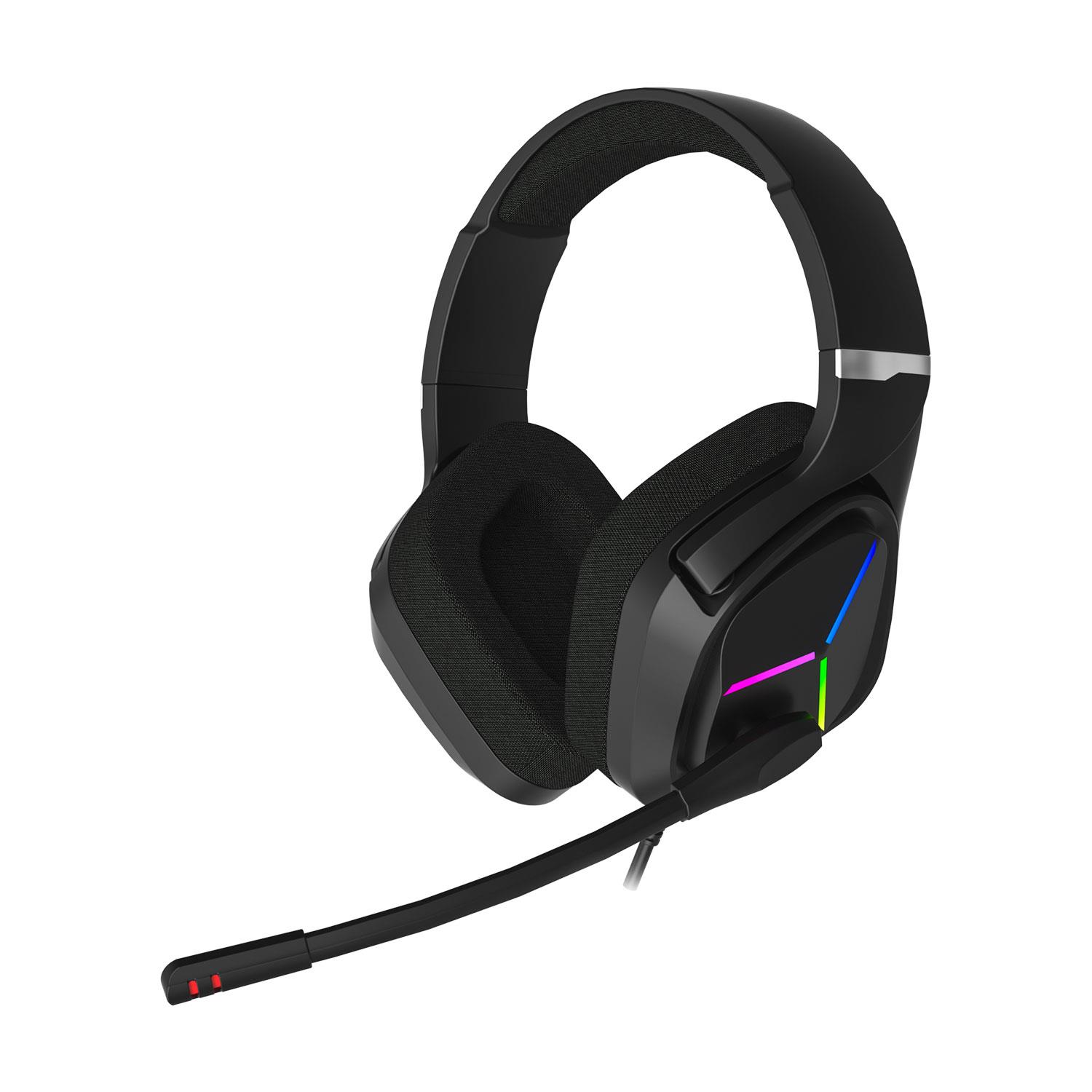 Mikrofonlu ve RGB aydınlatmalı siyah oyuncu kulaklığı.