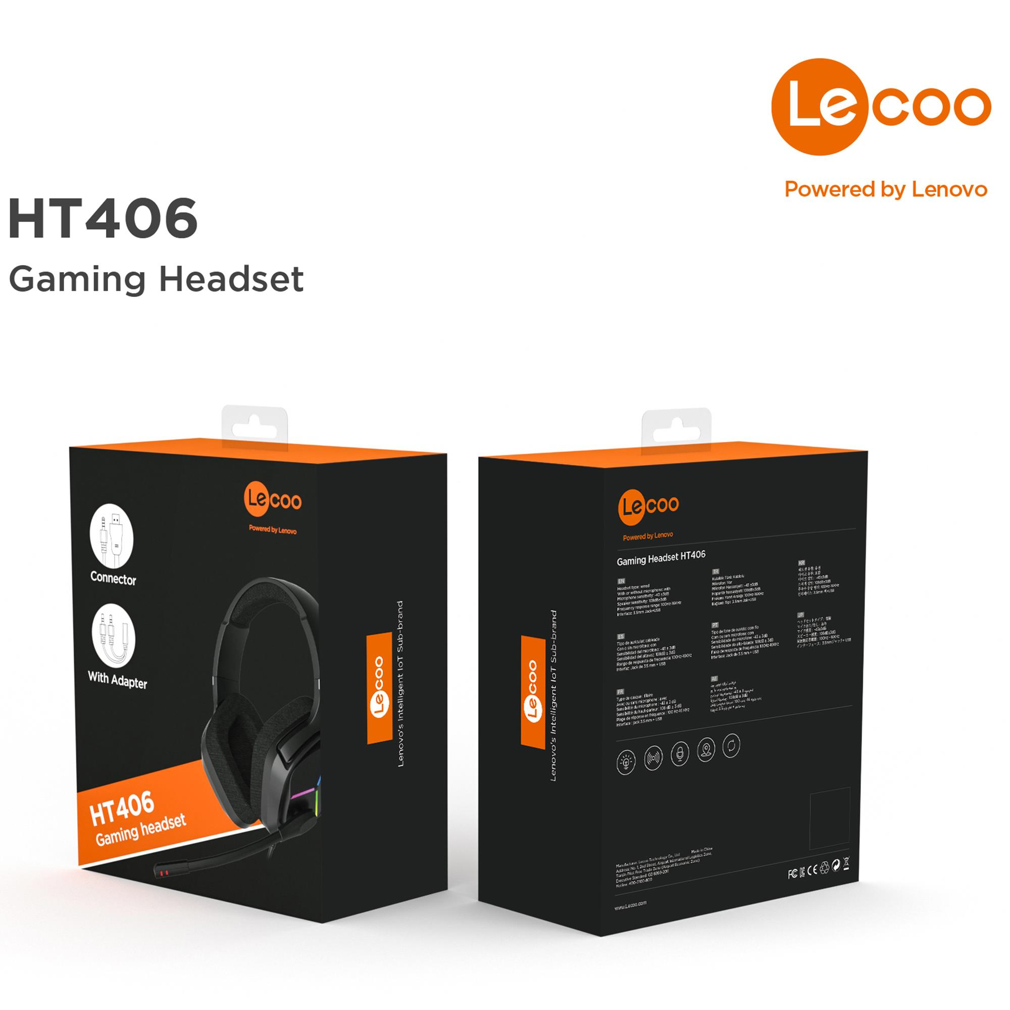 Lenovo'dan Le coo HT406 oyun kulaklığı ambalajı, kulaklık resmi içerir.