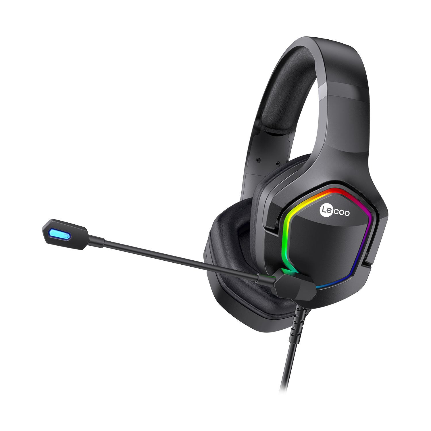 Mikrofonlu ve RGB aydınlatmalı siyah oyuncu kulaklığı.