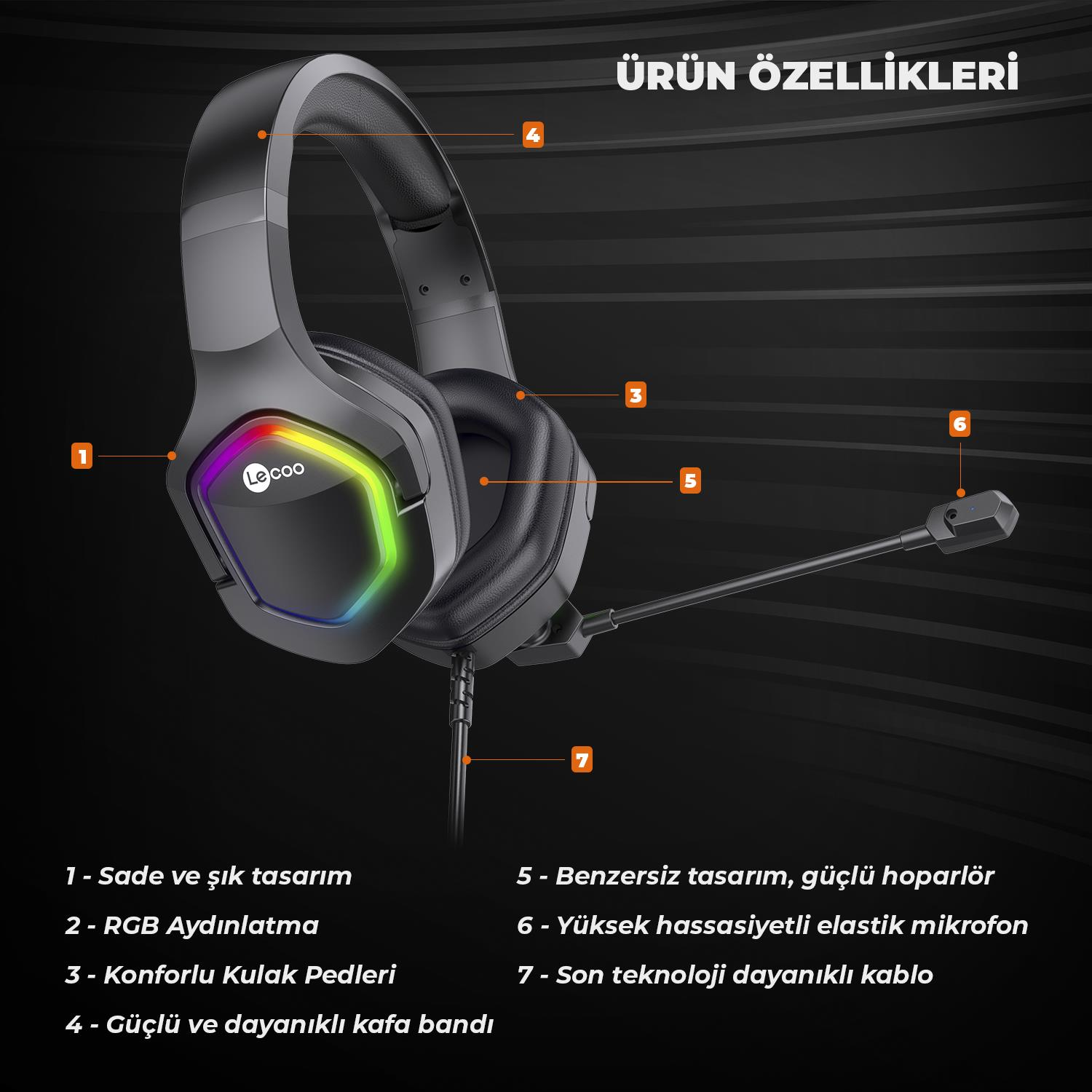 RGB aydınlatmalı, mikrofonlu ve kablolu siyah kulaklık.