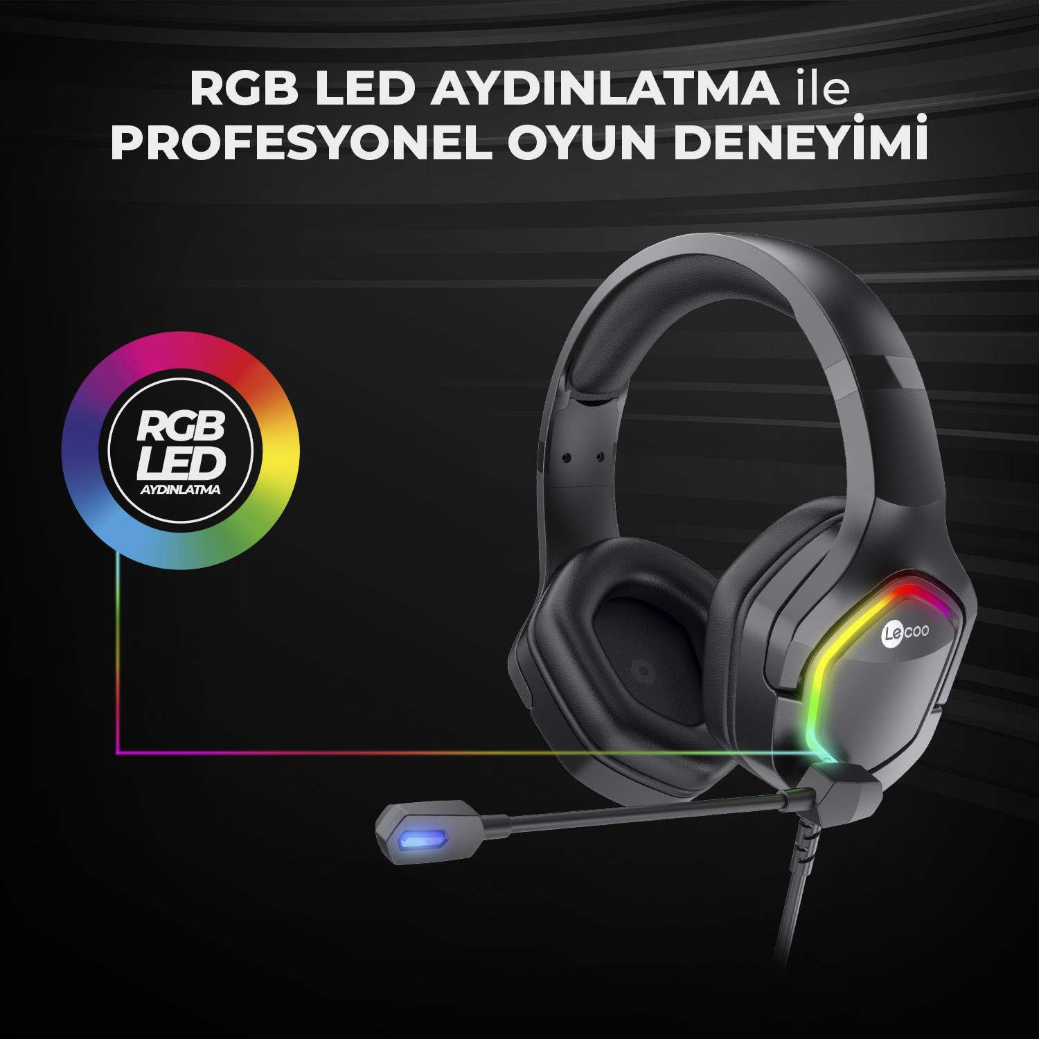 Siyah oyun kulaklığı, RGB aydınlatmalı ve mikrofonlu, karanlık arka planda.