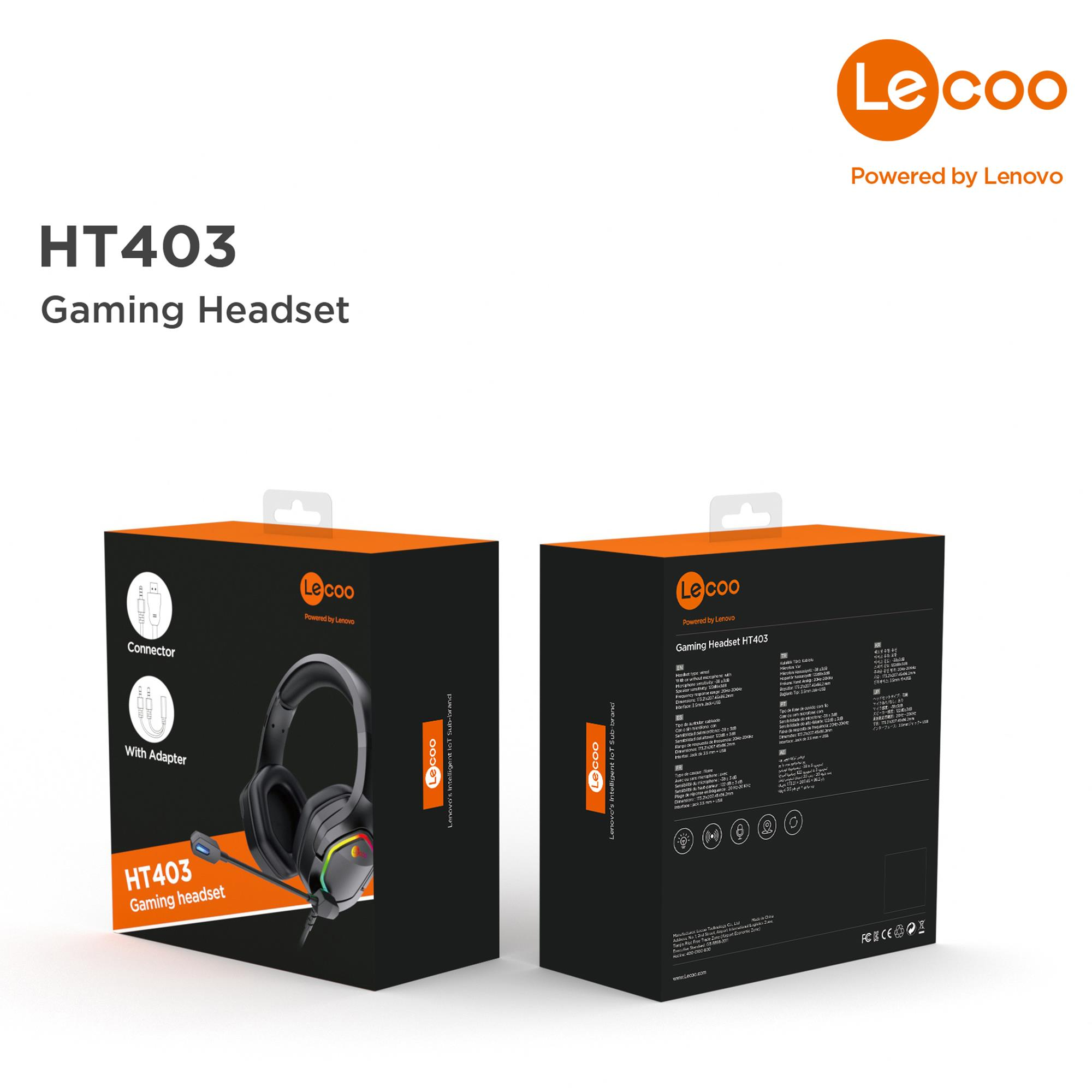 Le Coo HT403 oyun kulaklığı ambalajı, kulaklık, adaptör ve özellikler gösteriliyor.