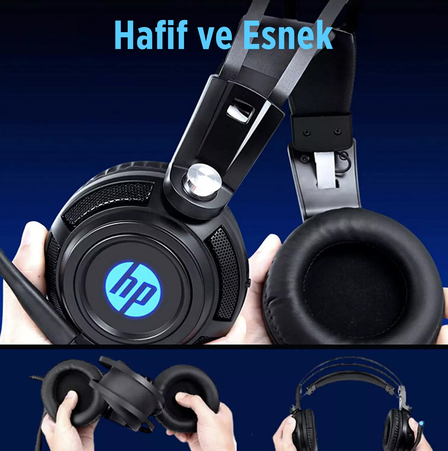Mavi logolu siyah HP kulaklık, eller tarafından tutuluyor.