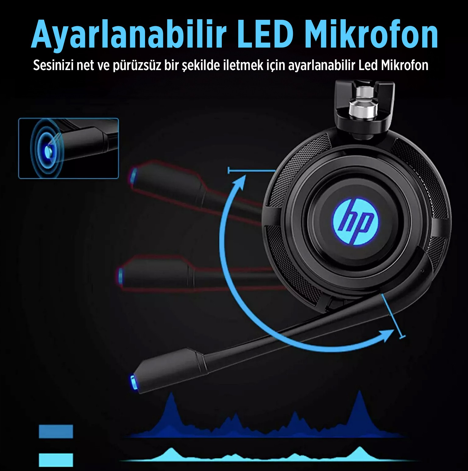 Mikrofonlu, HP logolu ve LED göstergeli siyah kulaklık.