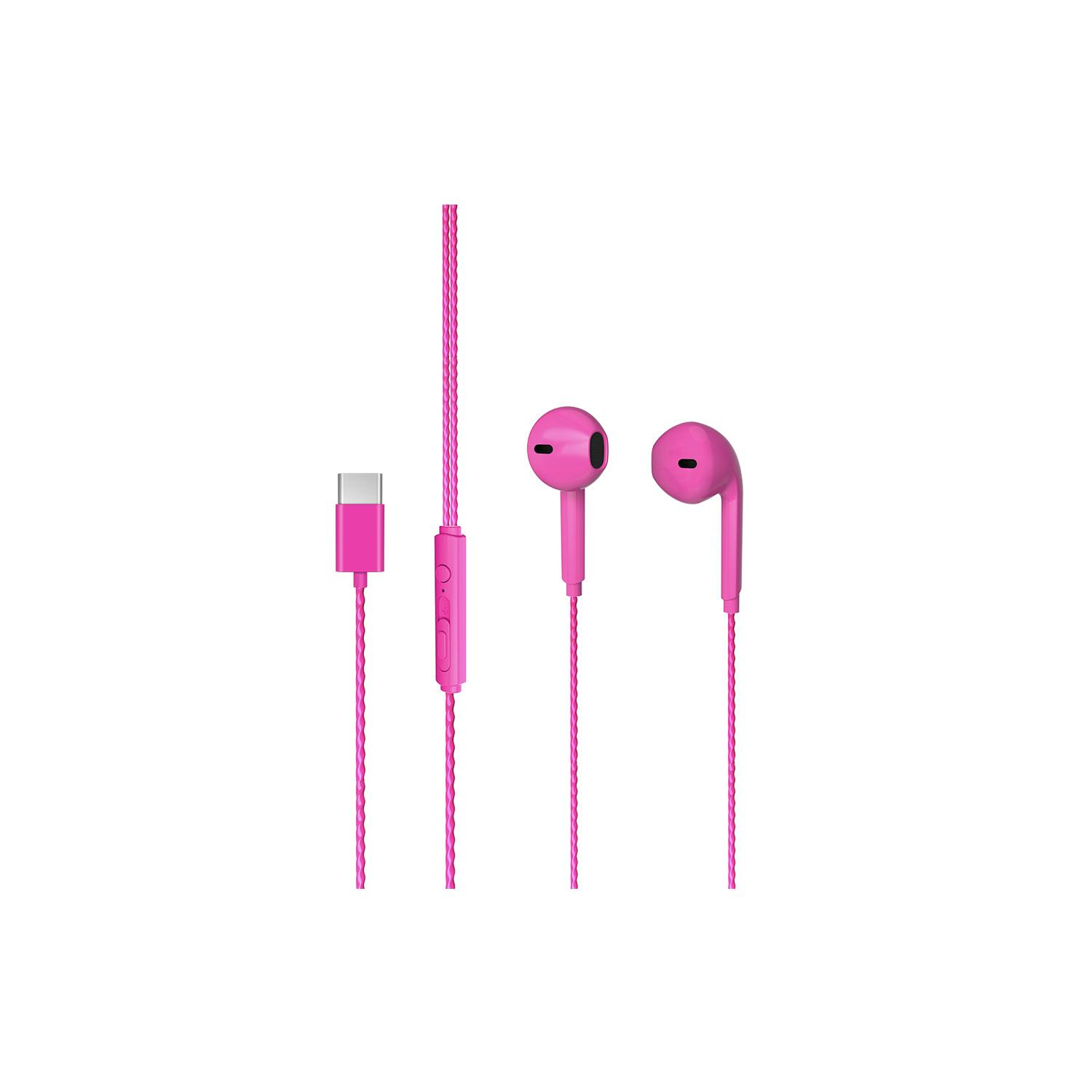 İki kulaklığa ve satır içi kontrol ünitesine sahip pembe bir USB-C kulaklık.