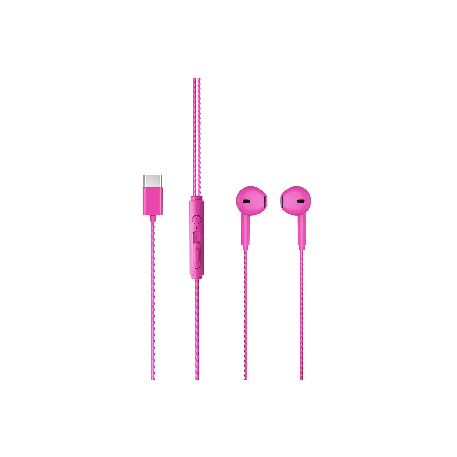 USB-C konnektörlü ve kumandalı pembe kulaklıklar.