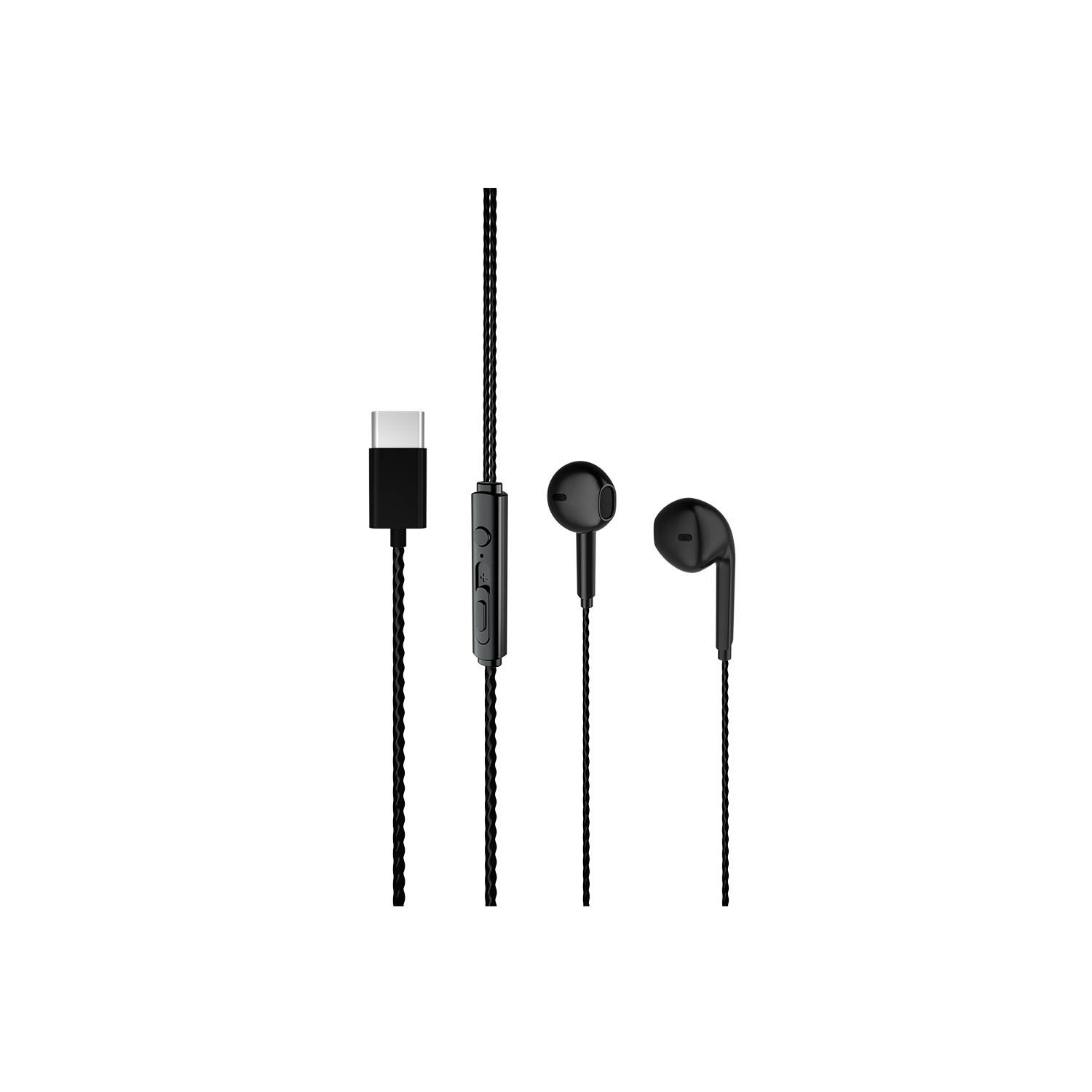 USB-C konnektörlü ve hat üstü mikrofonlu siyah kulaklık.