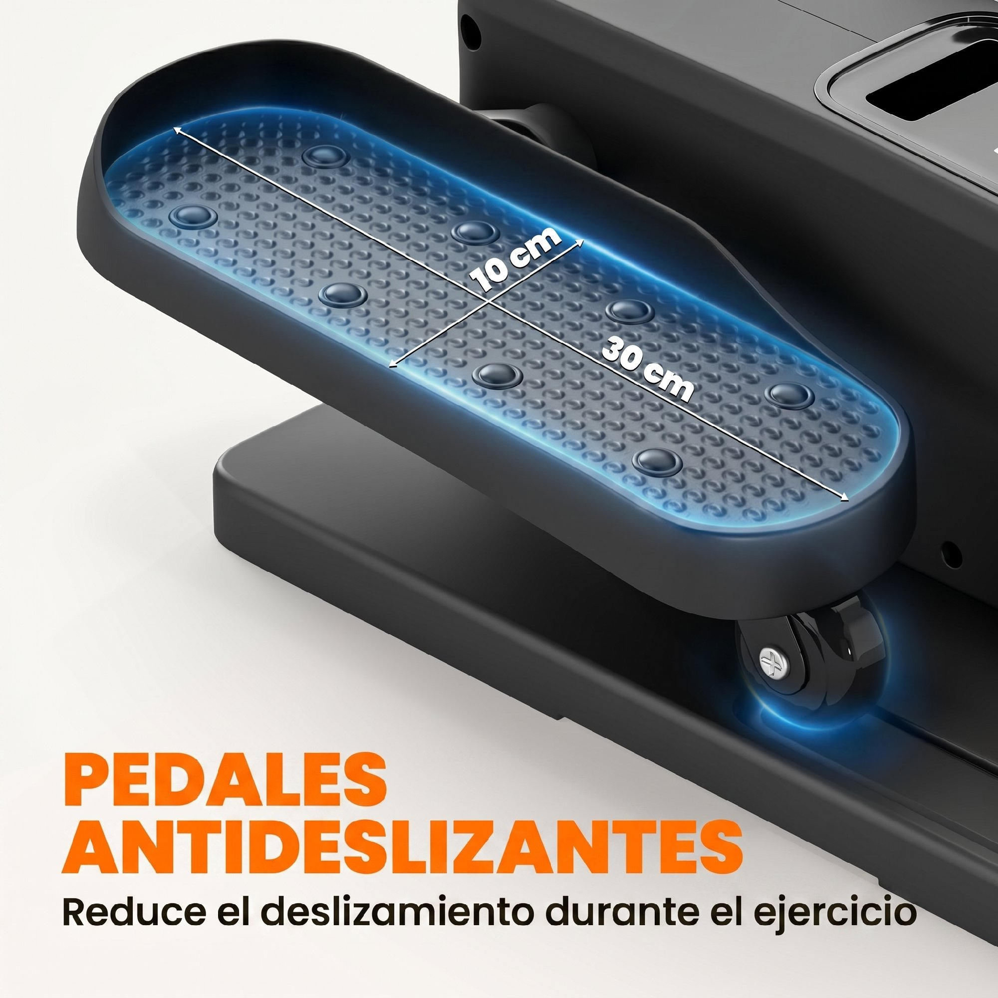 Pedal de elíptica negro con superficie antideslizante y dimensiones.