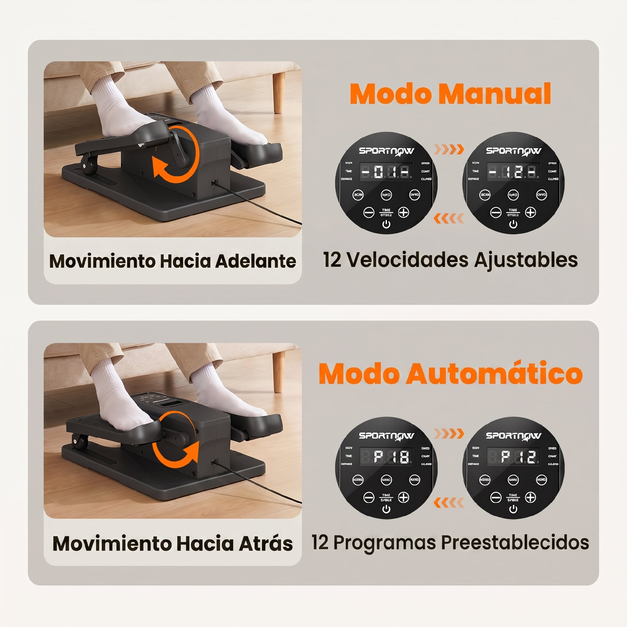 Persona usando un stepper de ejercicio con pantallas de modo manual y automático.