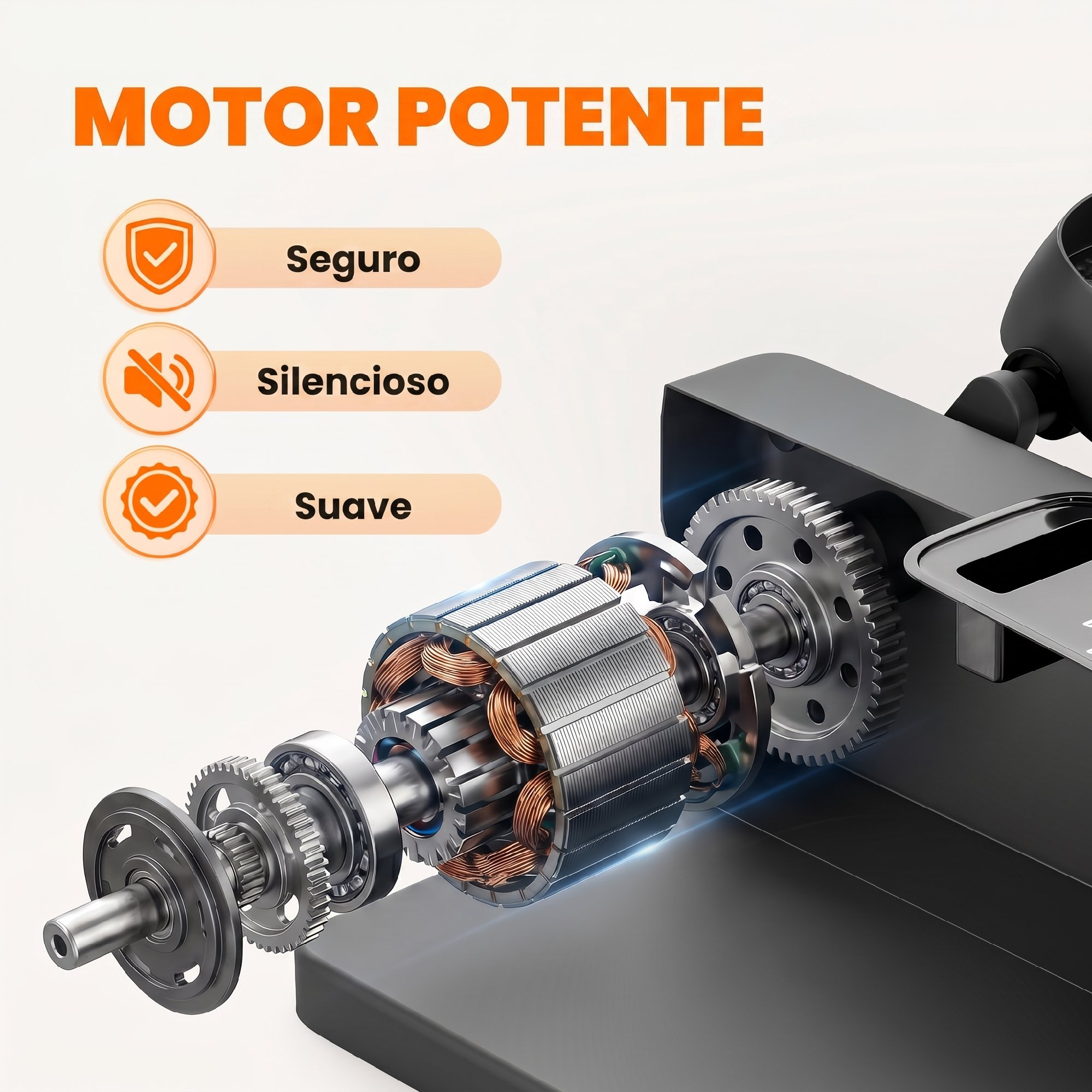Vista explosionada de motor con engranajes y bobinas, etiquetado 'Seguro', 'Silencioso', 'Suave'.