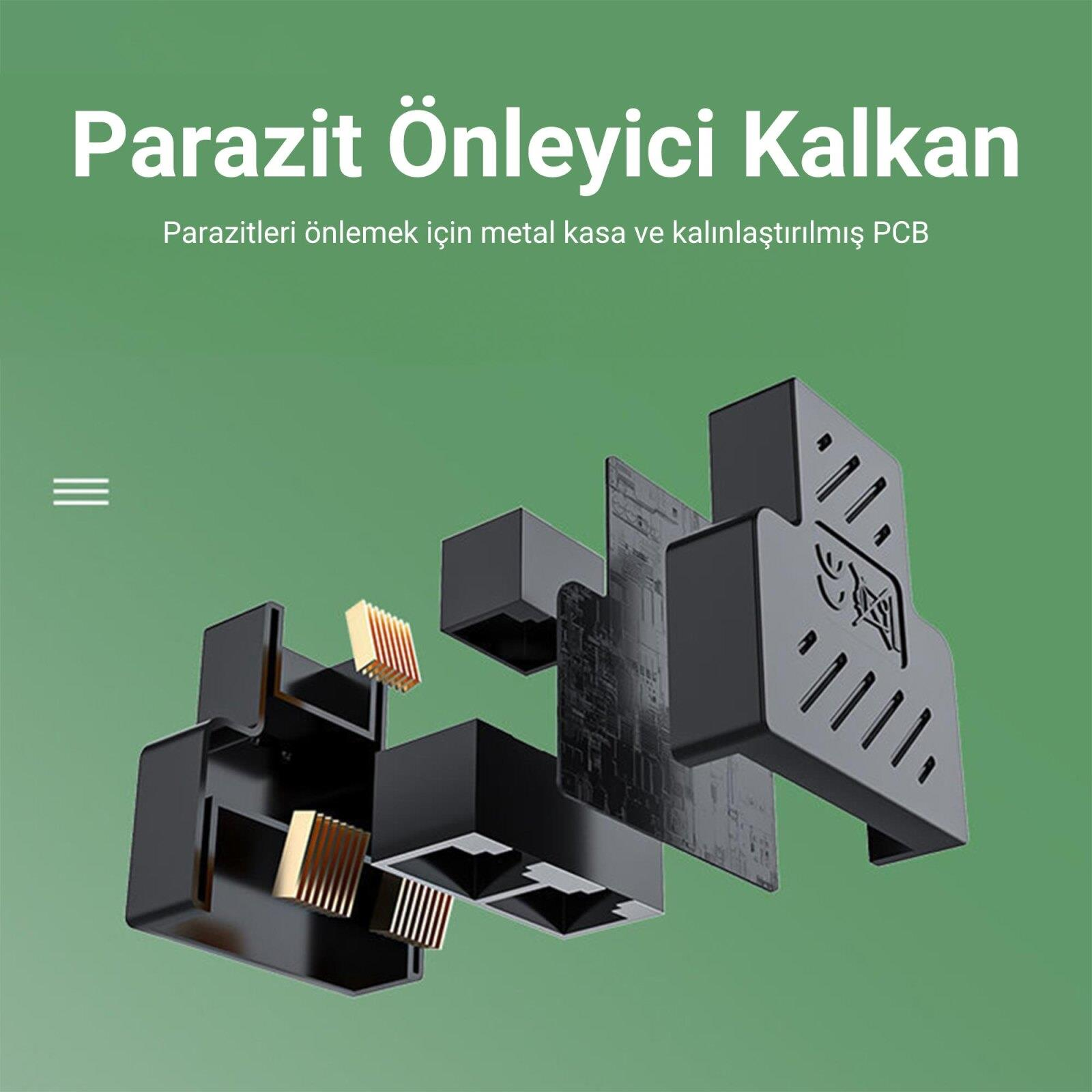 Metal kasalı ve PCB'li ağ adaptörünün patlatılmış görünümü.