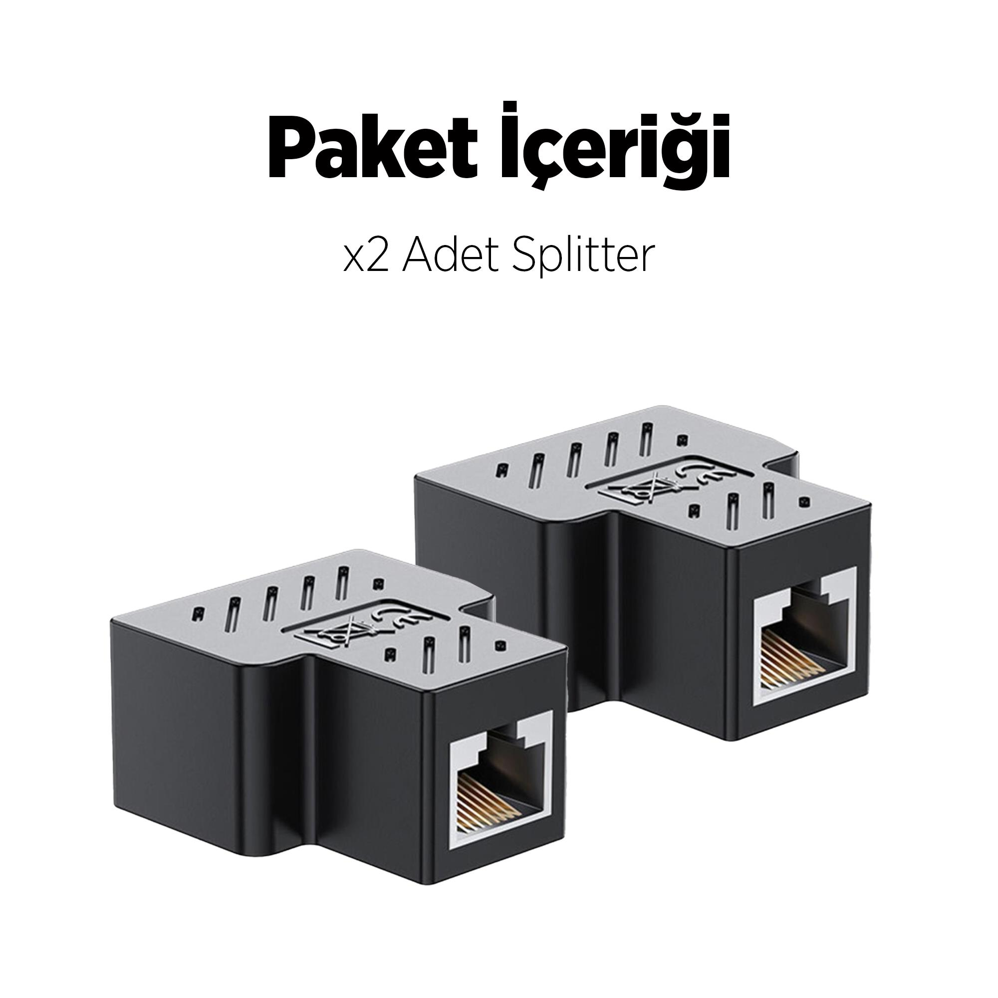 Beyaz arka plan üzerinde RJ45 portlu iki siyah ağ ayırıcı.