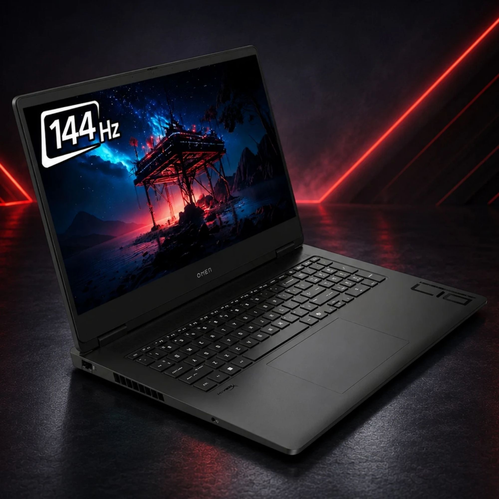 Kırmızı neon ışıklarla aydınlatılmış 144 Hz ekranlı siyah dizüstü bilgisayar.